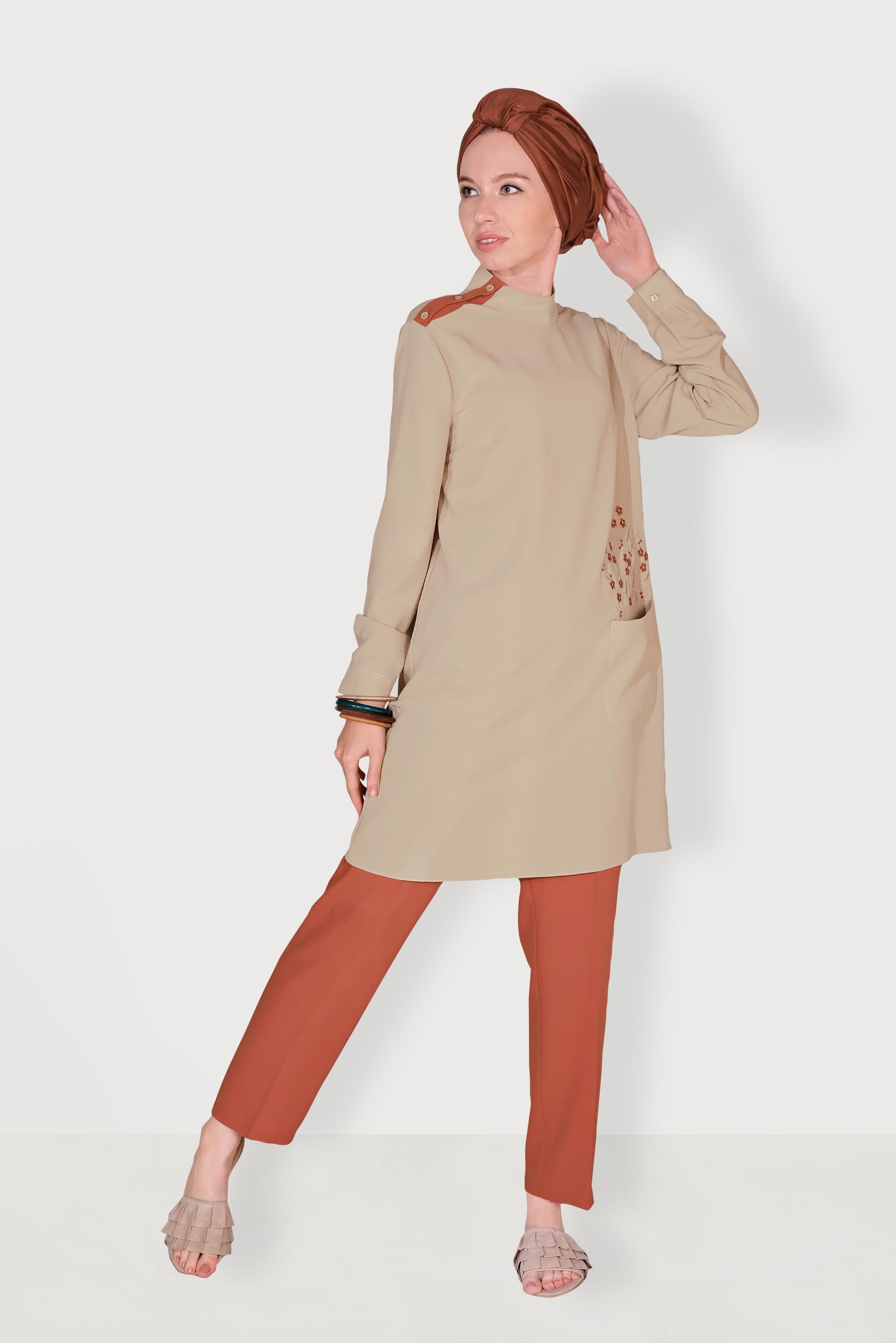 Tesettür giyim TURUNCU ÇİÇEK İŞLEMELİ PANTOLONLU TAKIM 40668