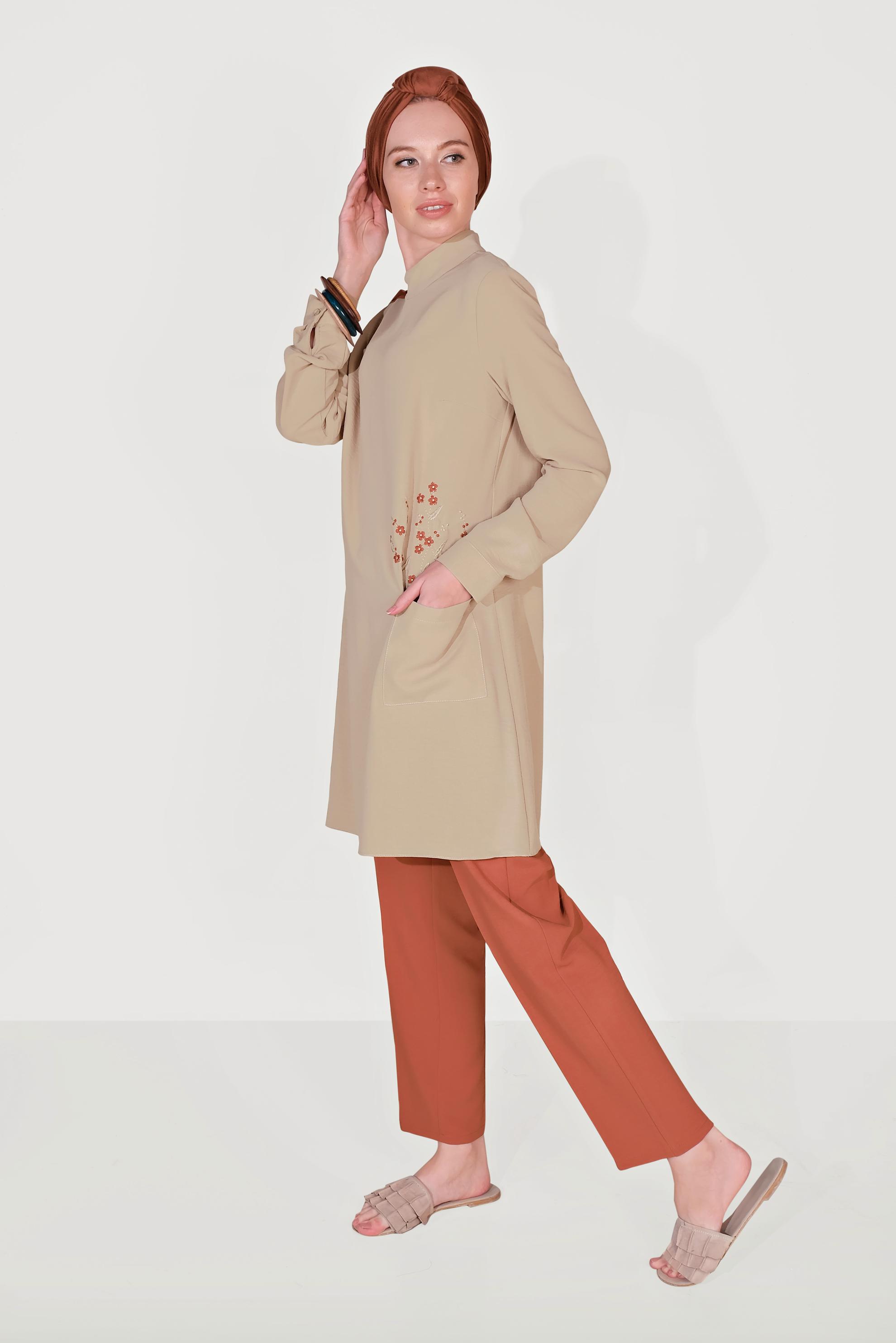 Tesettür giyim TURUNCU ÇİÇEK İŞLEMELİ PANTOLONLU TAKIM 40668