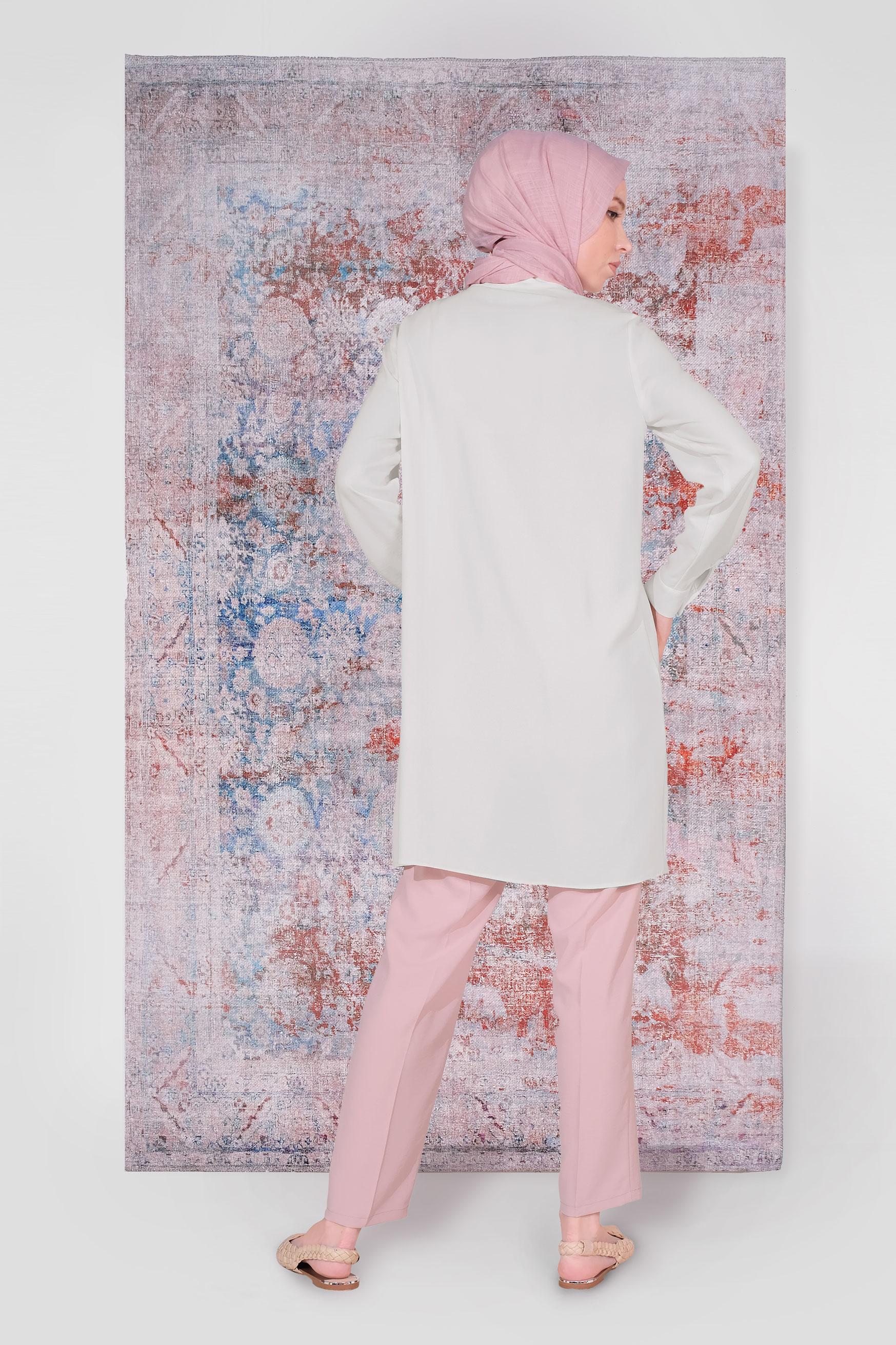 Tesettür giyim PUDRA ÇİÇEK İŞLEMELİ PANTOLONLU TAKIM 40668