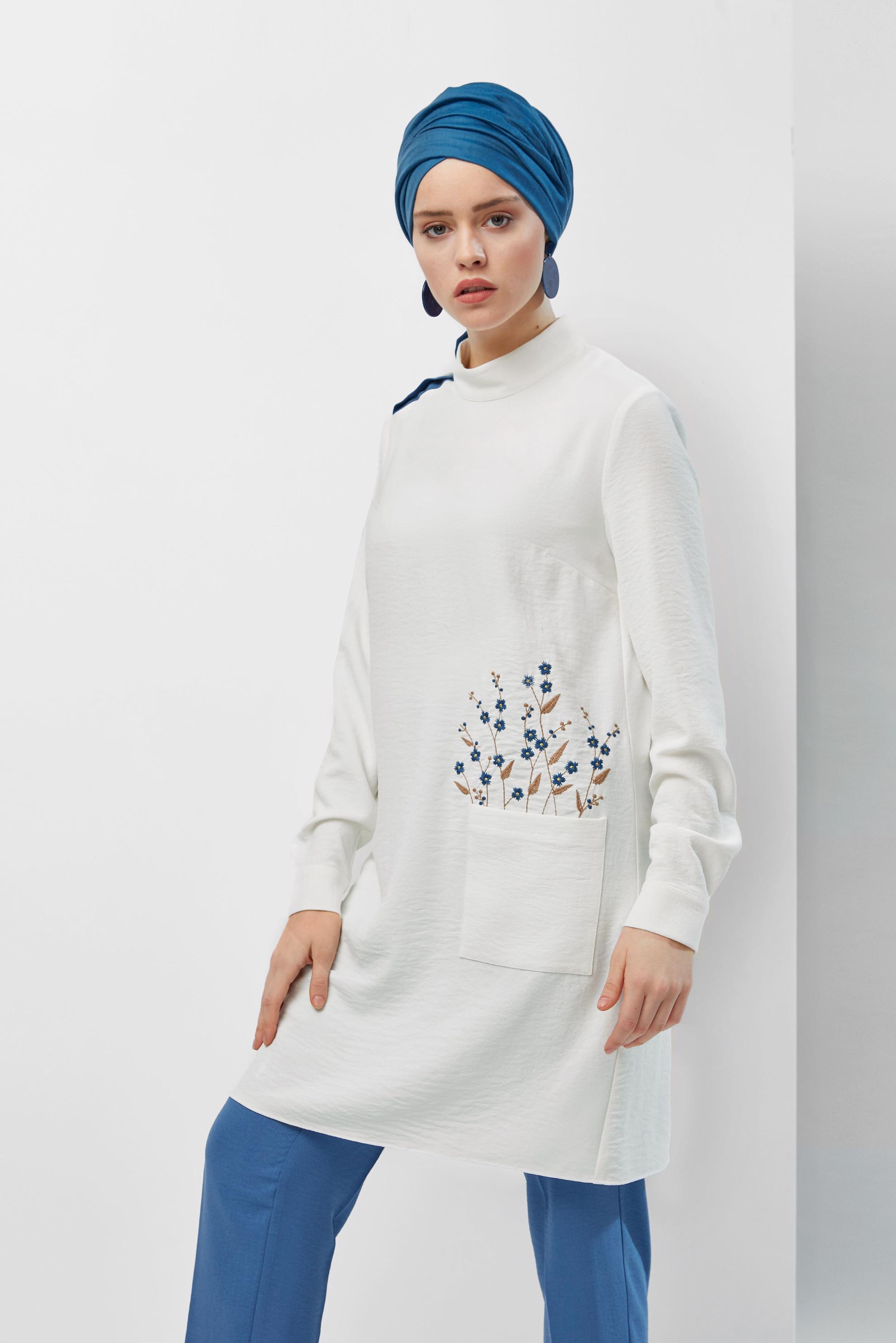 Tesettür giyim LACİVERT ÇİÇEK İŞLEMELİ PANTOLONLU TAKIM 40668