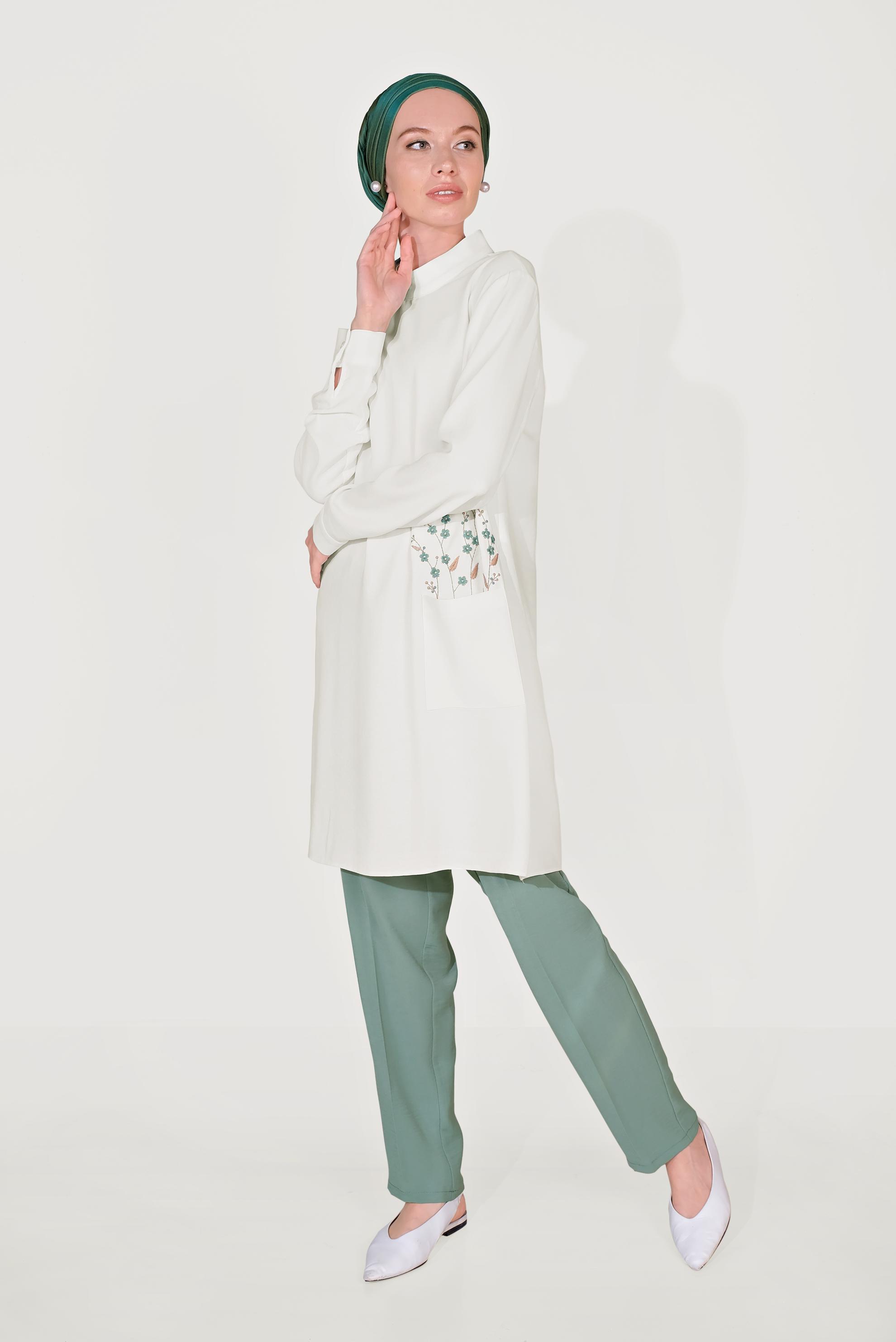 Tesettür giyim YEŞİL ÇİÇEK İŞLEMELİ PANTOLONLU TAKIM 40668