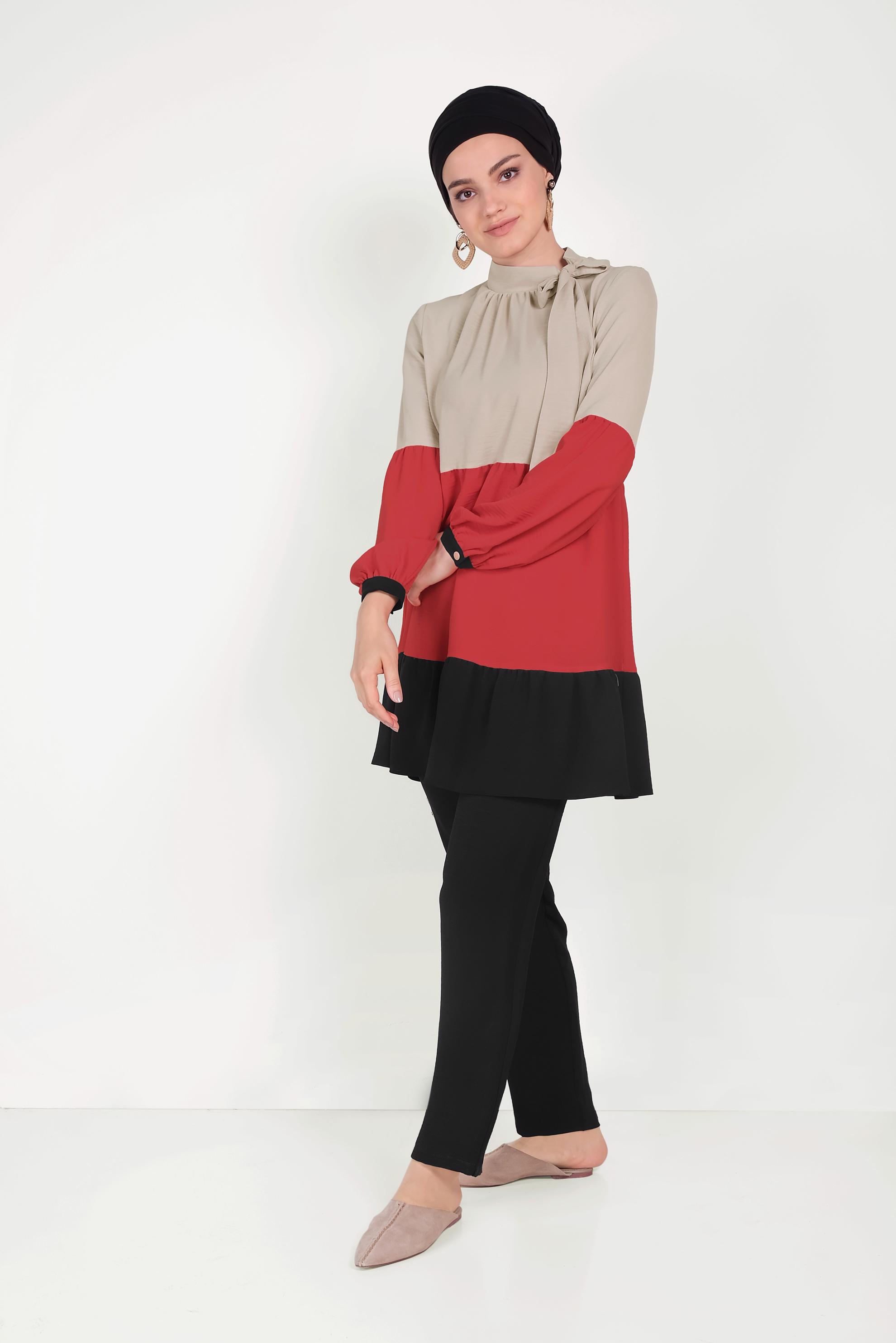 Tesettür giyim SİYAH BAĞLAMA DETAYLI RENK BLOKLU İKİLİ TAKIM 40669