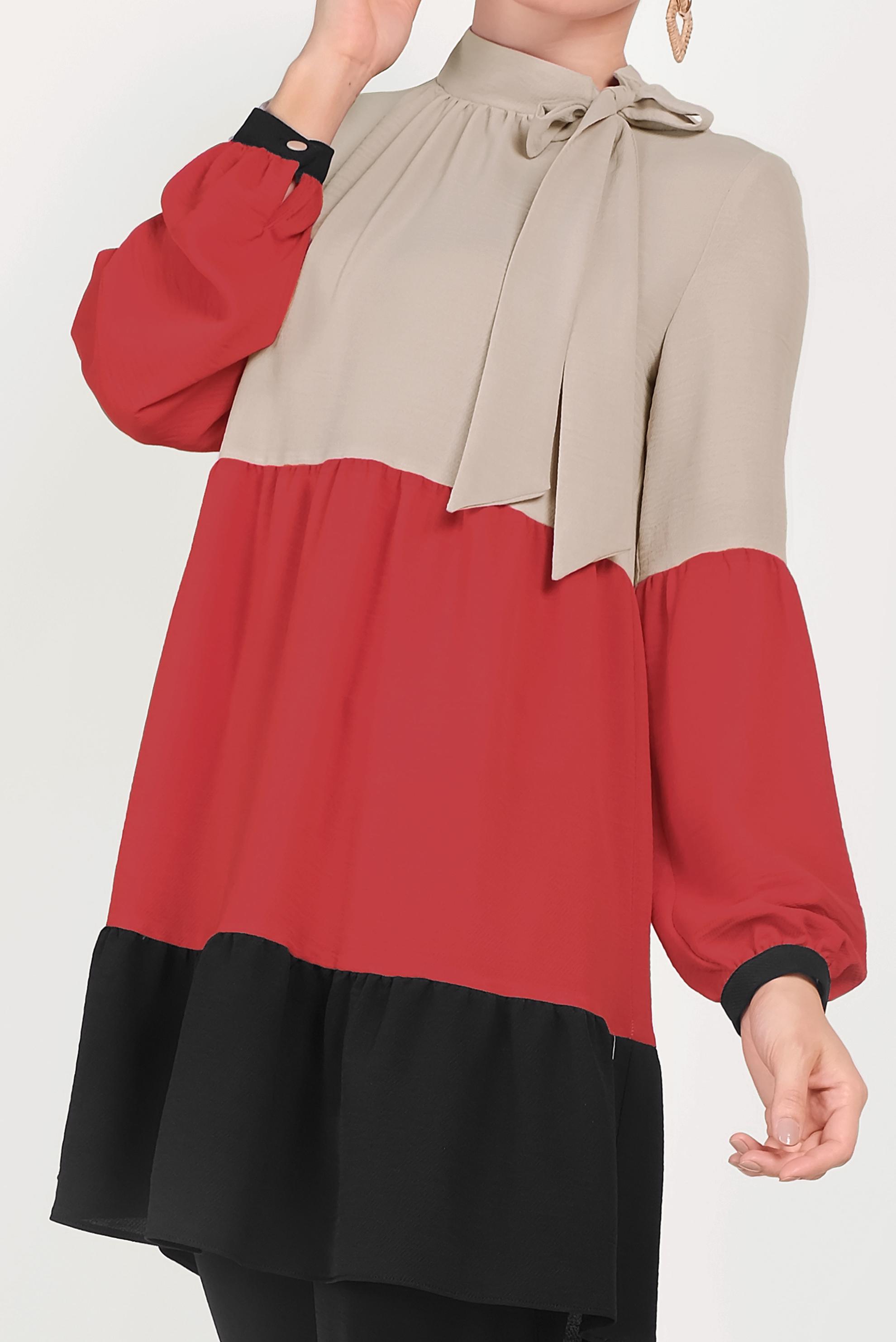 Tesettür giyim SİYAH BAĞLAMA DETAYLI RENK BLOKLU İKİLİ TAKIM 40669