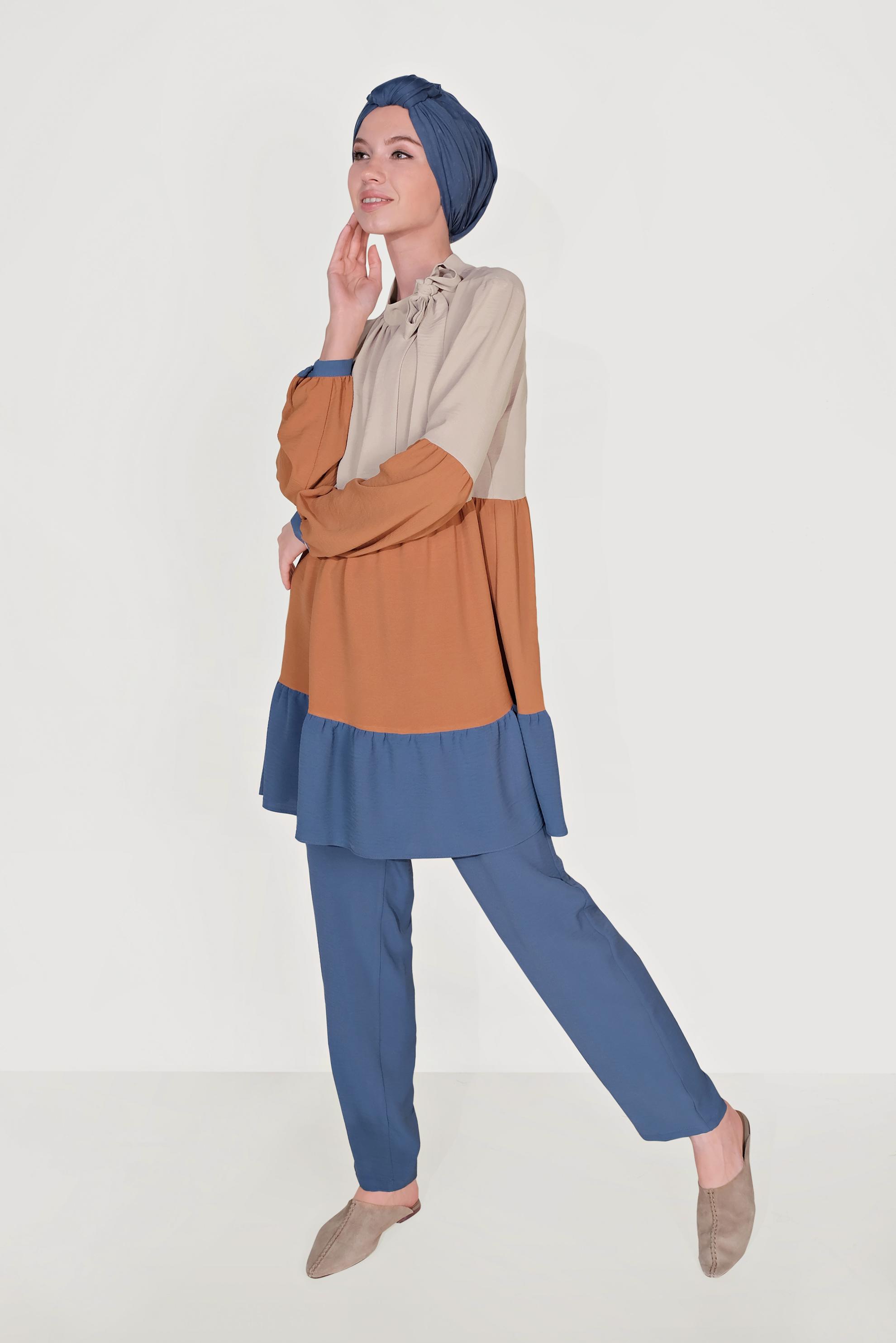 Tesettür giyim LACİVERT BAĞLAMA DETAYLI RENK BLOKLU İKİLİ TAKIM 40669