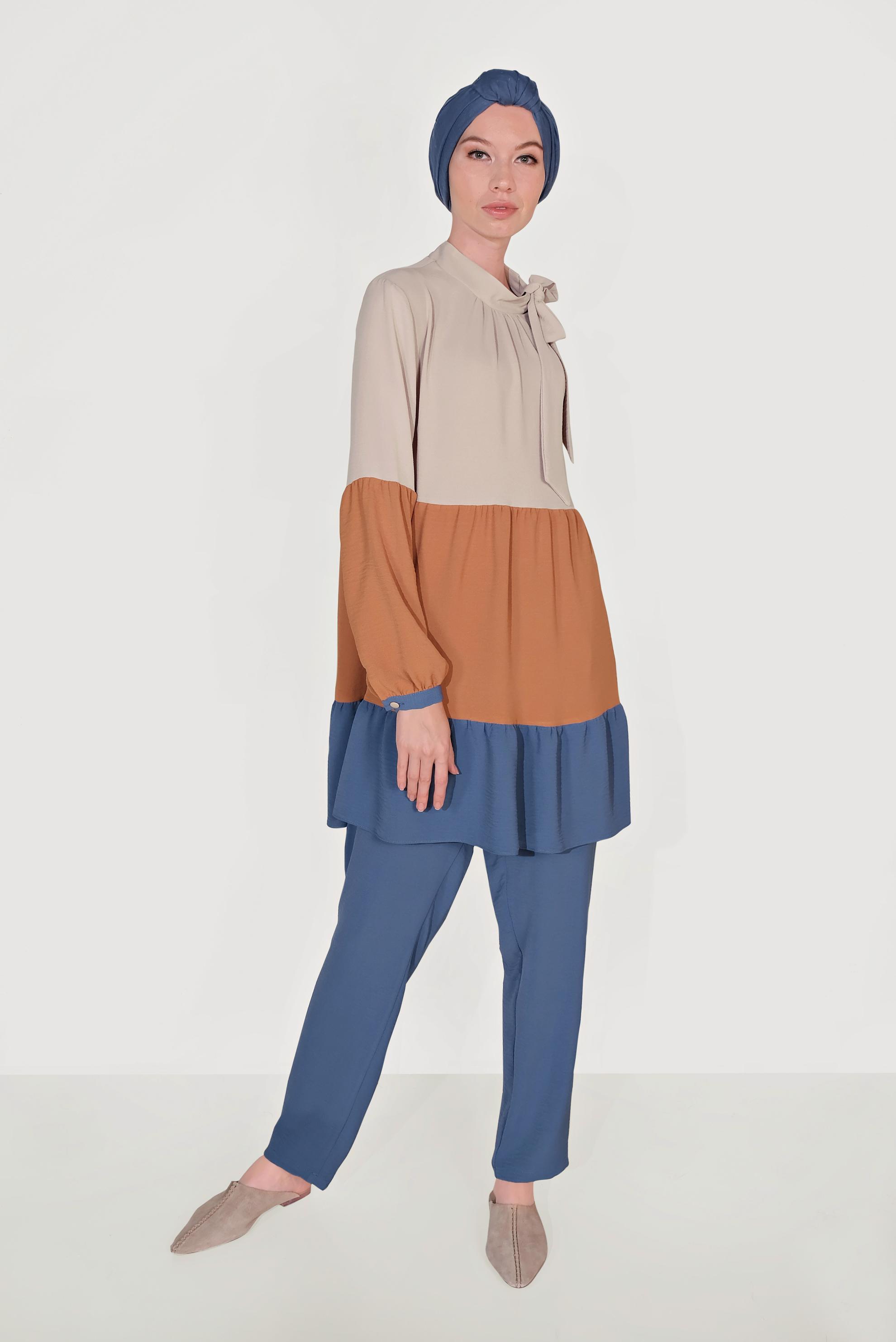 Tesettür giyim LACİVERT BAĞLAMA DETAYLI RENK BLOKLU İKİLİ TAKIM 40669