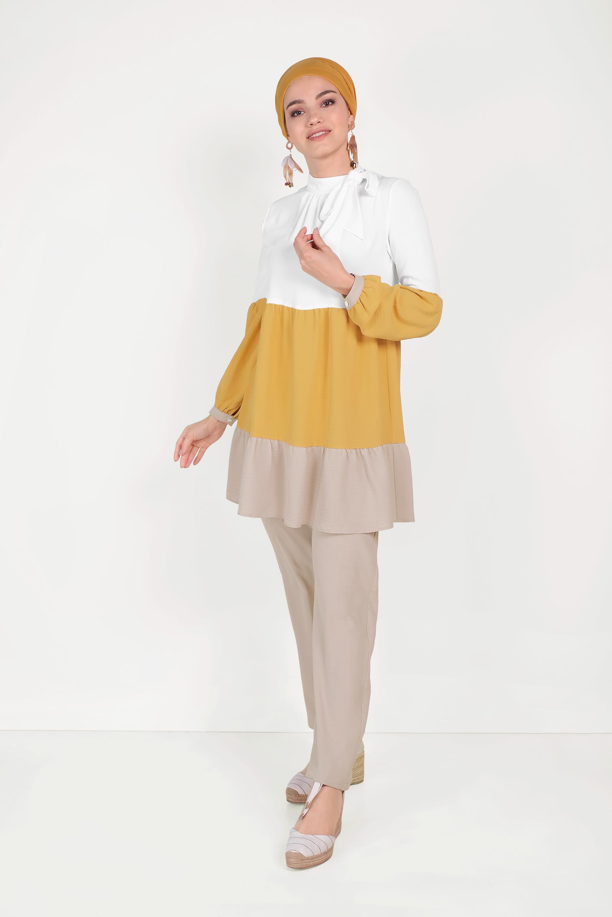 Tesettür giyim KUM BAĞLAMA DETAYLI RENK BLOKLU İKİLİ TAKIM 40669