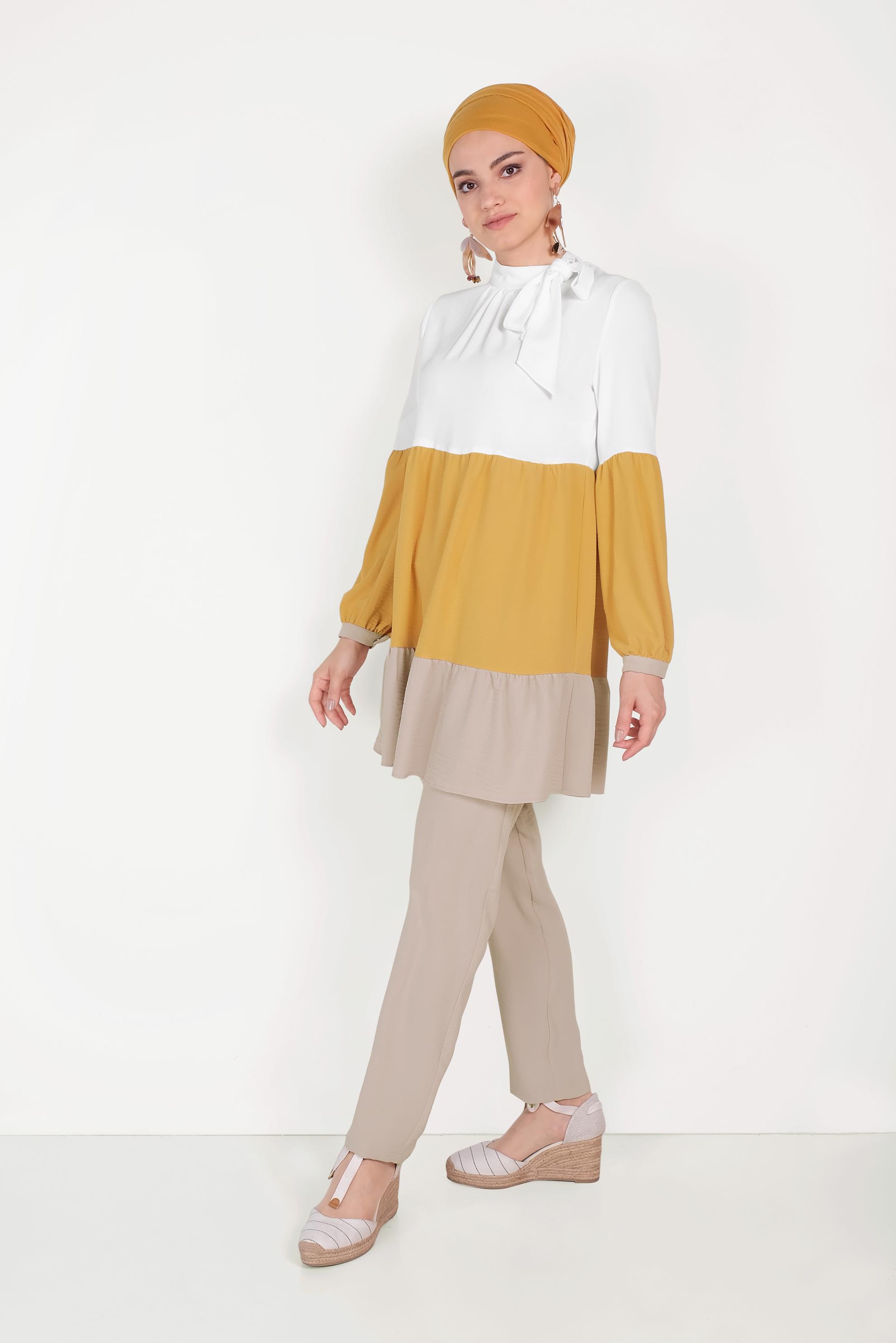 Tesettür giyim KUM BAĞLAMA DETAYLI RENK BLOKLU İKİLİ TAKIM 40669