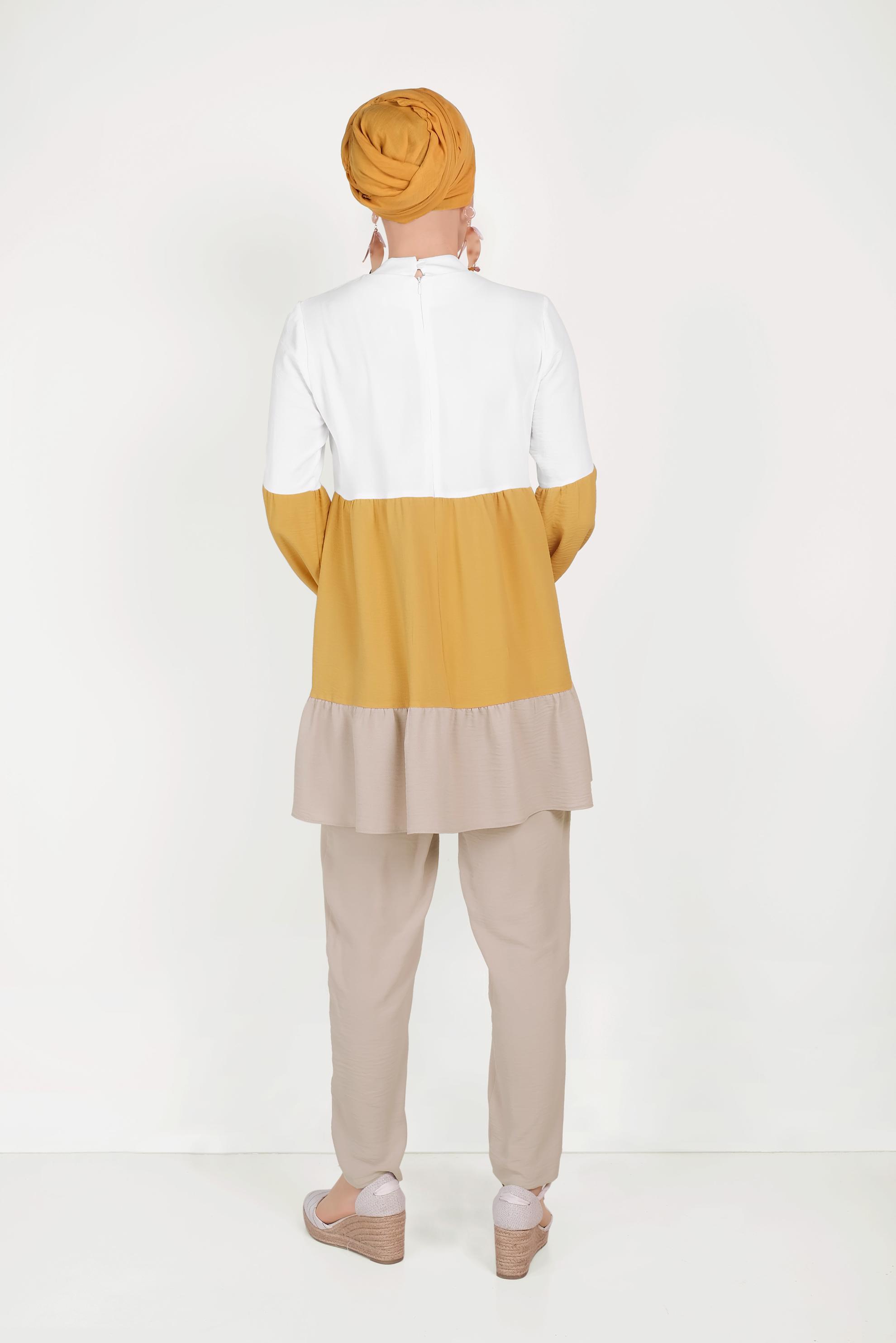 Tesettür giyim KUM BAĞLAMA DETAYLI RENK BLOKLU İKİLİ TAKIM 40669