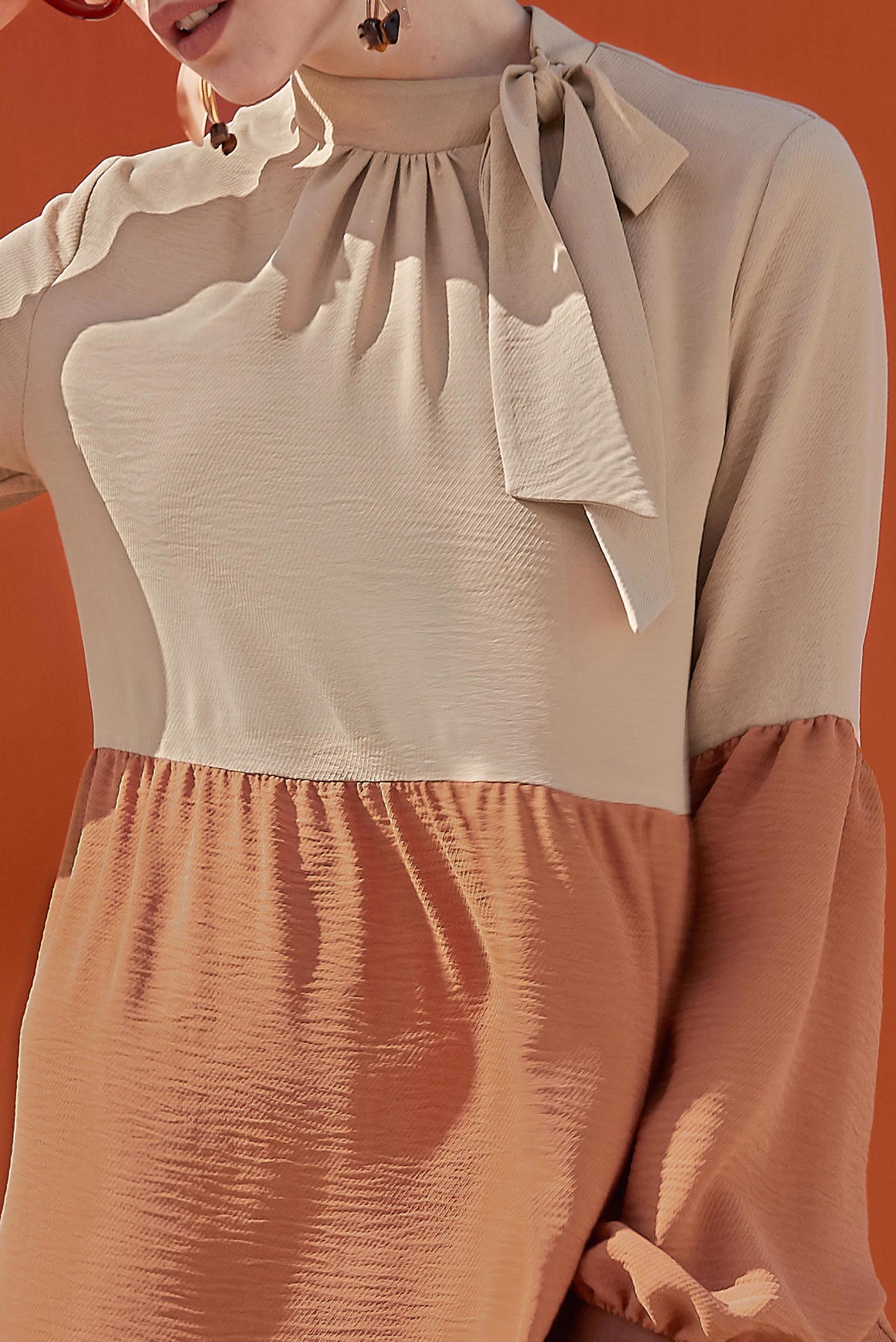 Tesettür giyim KAHVE BAĞLAMA DETAYLI RENK BLOKLU İKİLİ TAKIM 40669