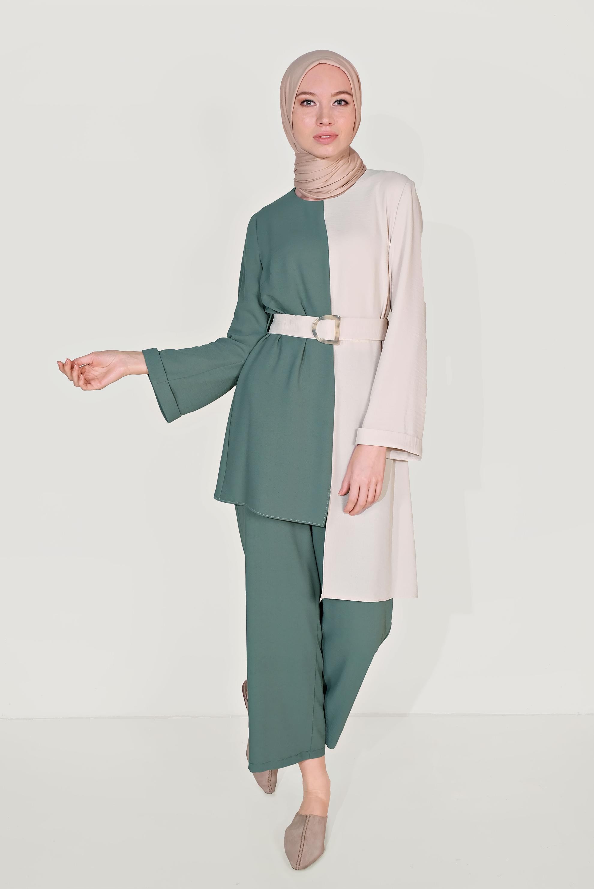 Tesettür giyim YEŞİL ASİMETRİK KESİM PANTOLONLU TAKIM 40670