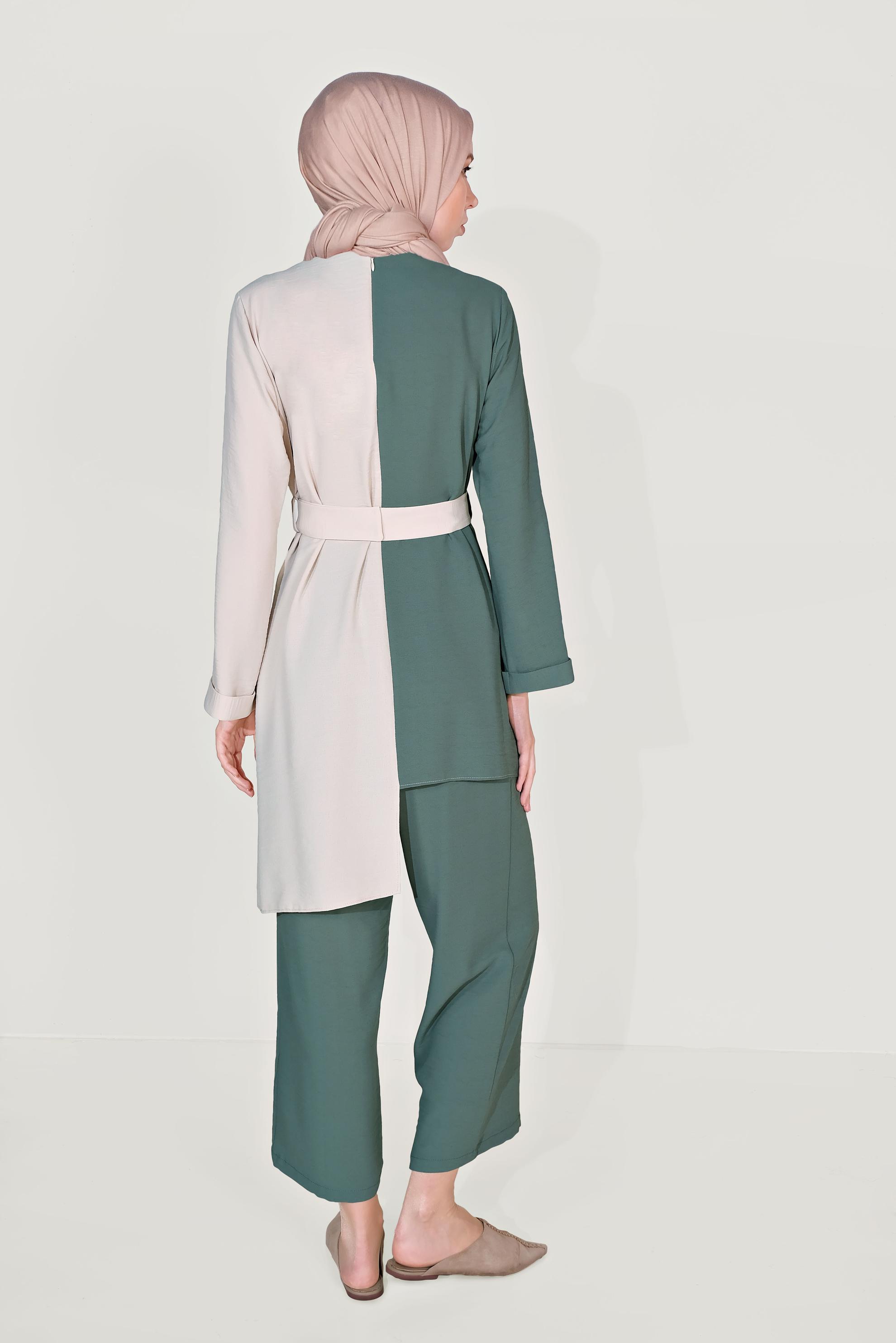 Tesettür giyim YEŞİL ASİMETRİK KESİM PANTOLONLU TAKIM 40670
