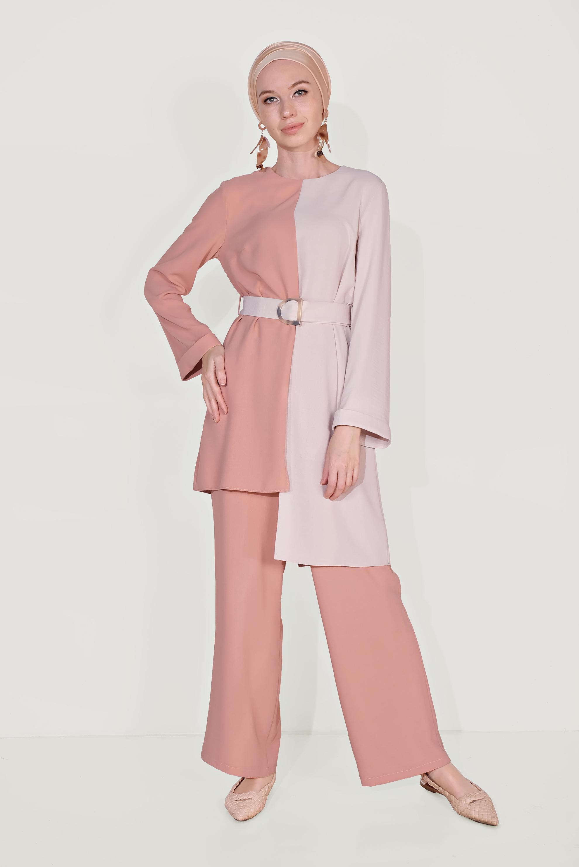 Tesettür giyim PUDRA ASİMETRİK KESİM PANTOLONLU TAKIM 40670