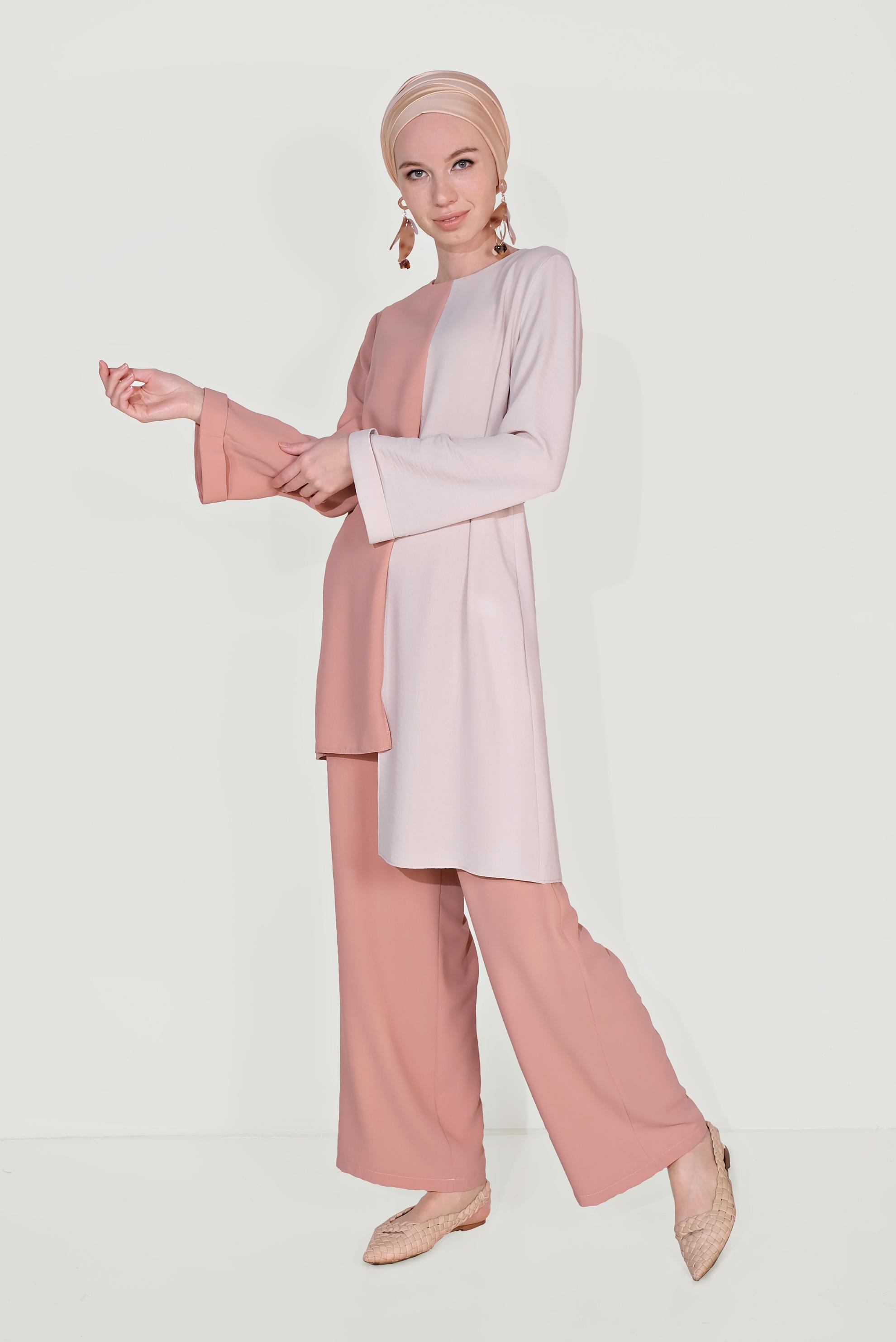 Tesettür giyim PUDRA ASİMETRİK KESİM PANTOLONLU TAKIM 40670