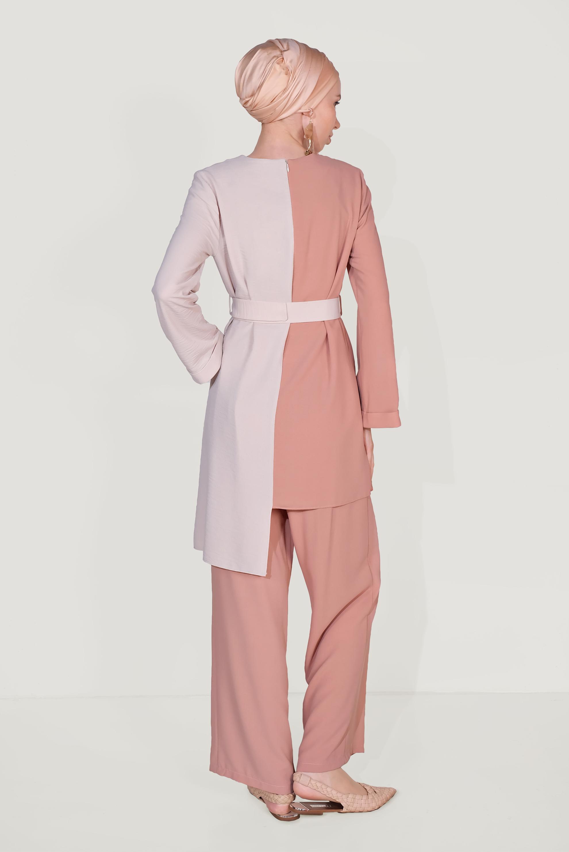 Tesettür giyim PUDRA ASİMETRİK KESİM PANTOLONLU TAKIM 40670