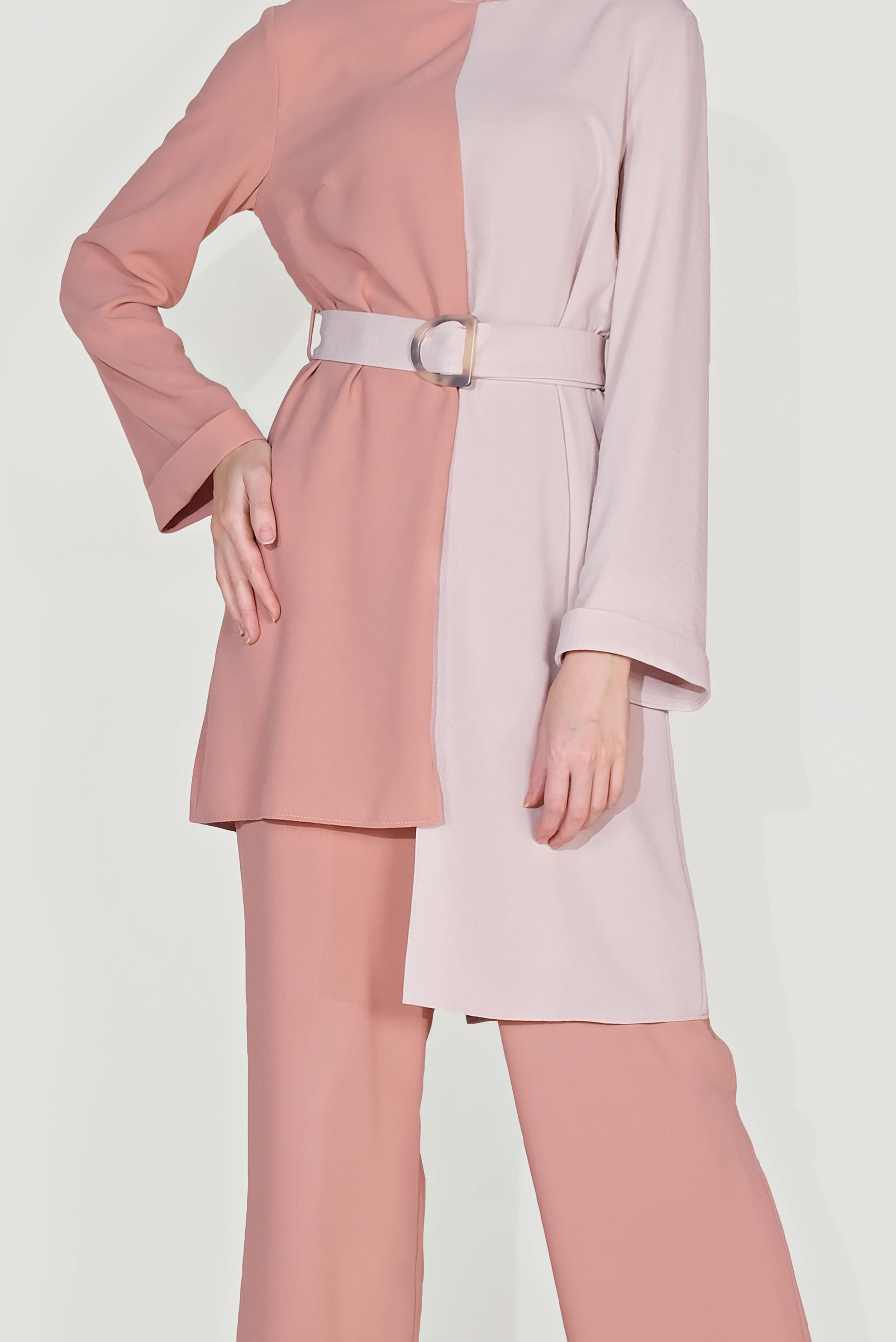 Tesettür giyim PUDRA ASİMETRİK KESİM PANTOLONLU TAKIM 40670