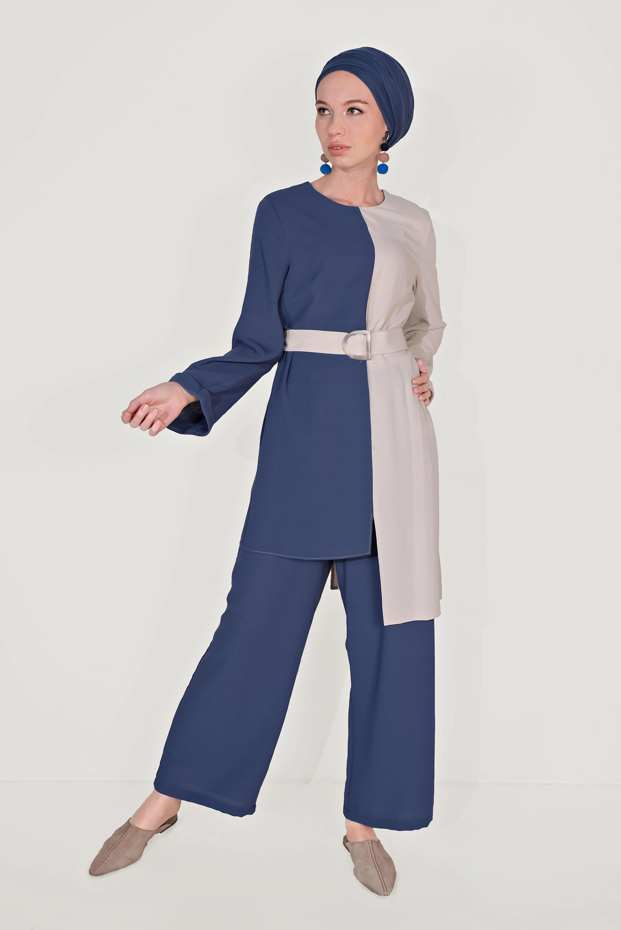 Tesettür giyim LACİVERT ASİMETRİK KESİM PANTOLONLU TAKIM 40670