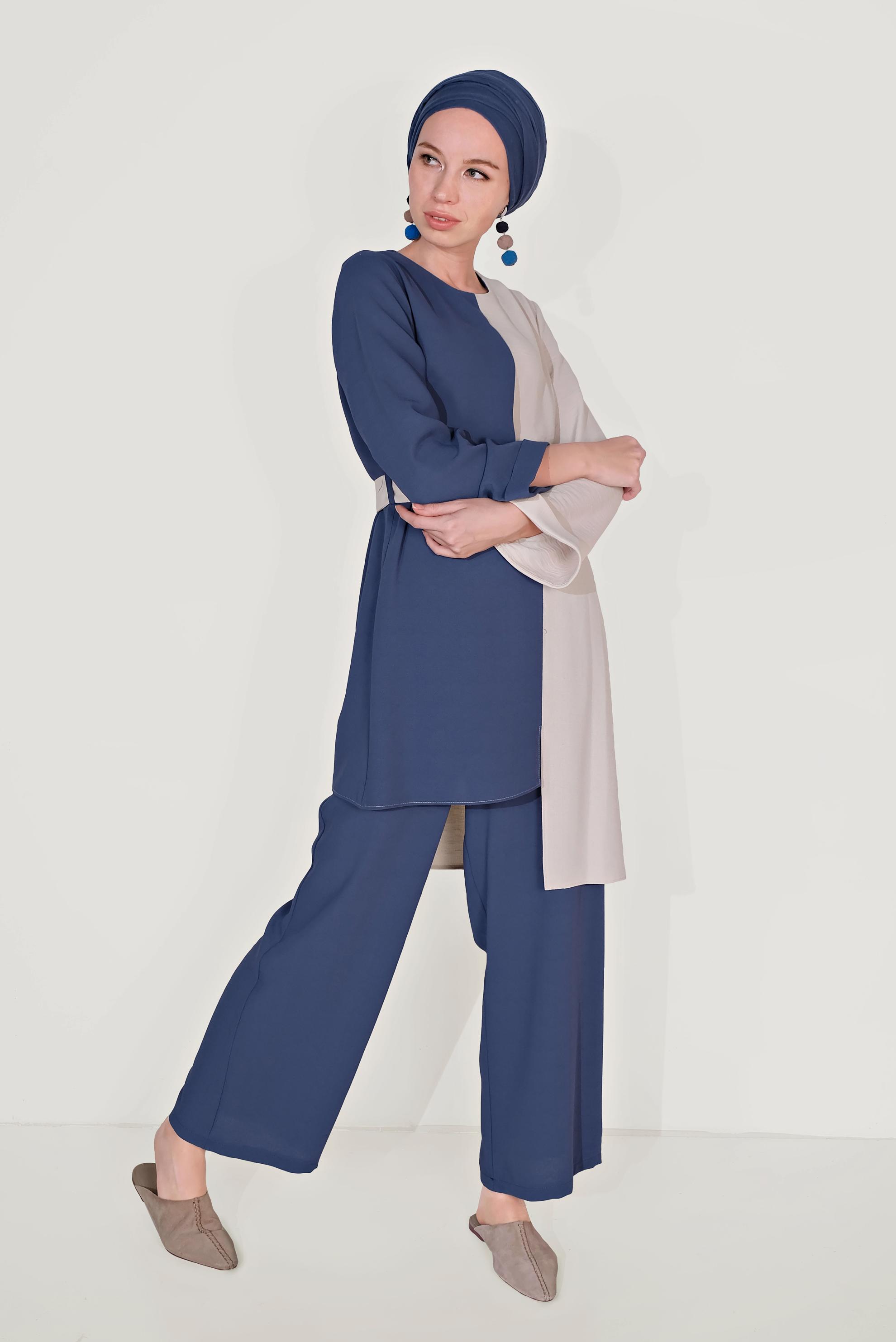 Tesettür giyim LACİVERT ASİMETRİK KESİM PANTOLONLU TAKIM 40670