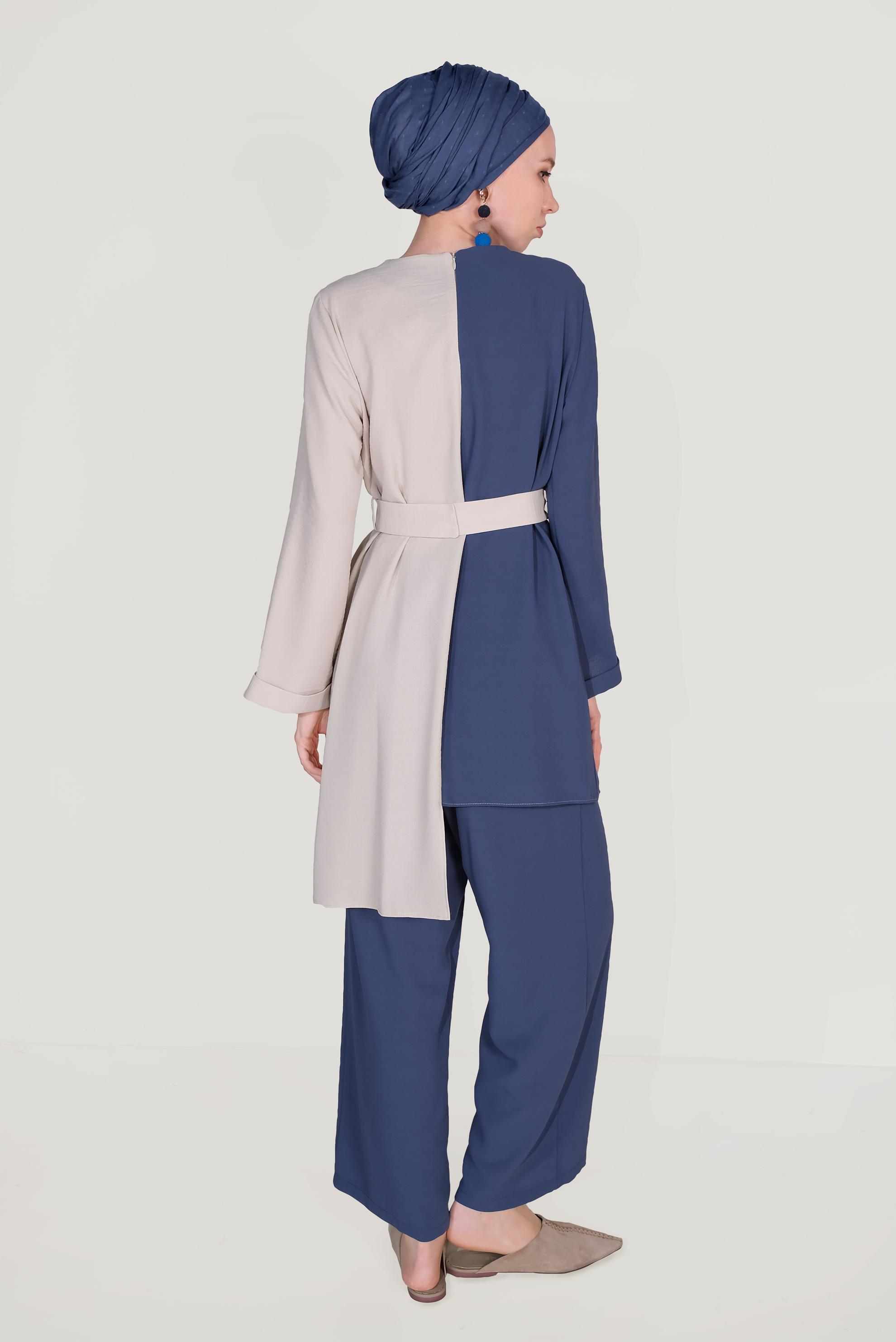 Tesettür giyim LACİVERT ASİMETRİK KESİM PANTOLONLU TAKIM 40670