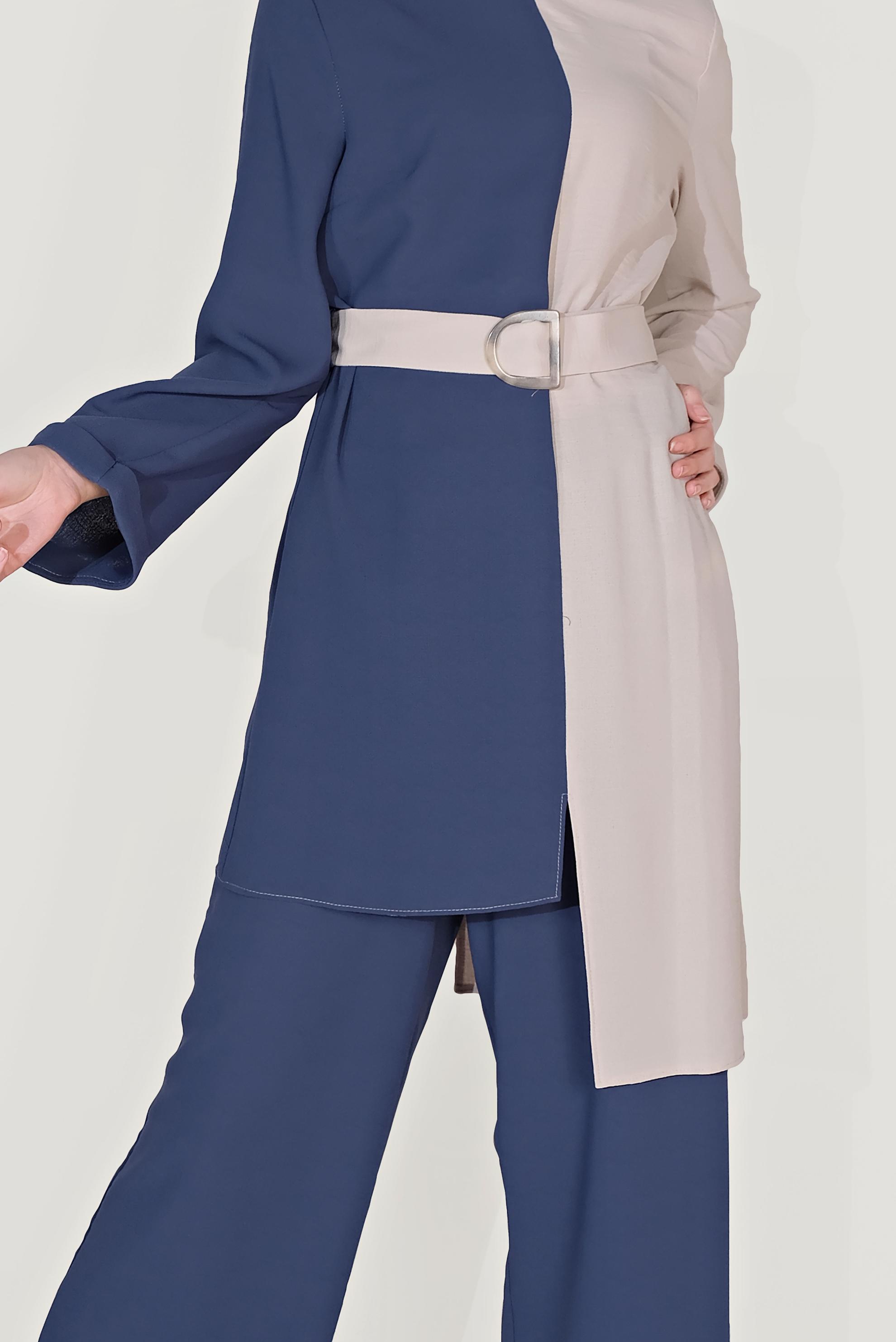 Tesettür giyim LACİVERT ASİMETRİK KESİM PANTOLONLU TAKIM 40670