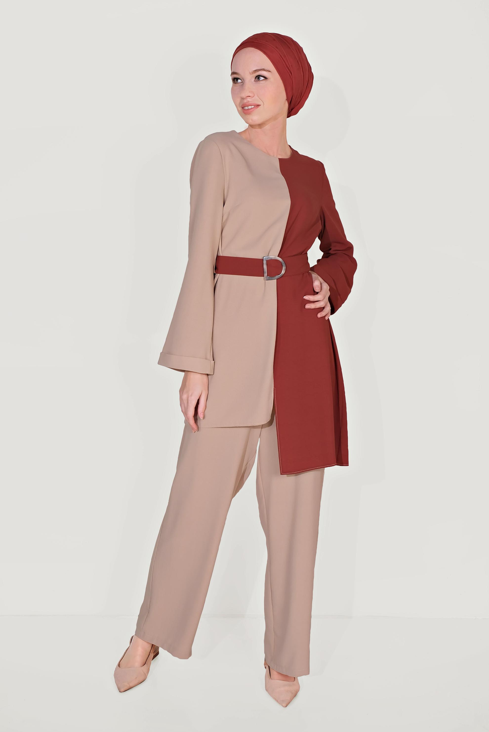 Tesettür giyim BEJ ASİMETRİK KESİM PANTOLONLU TAKIM 40670