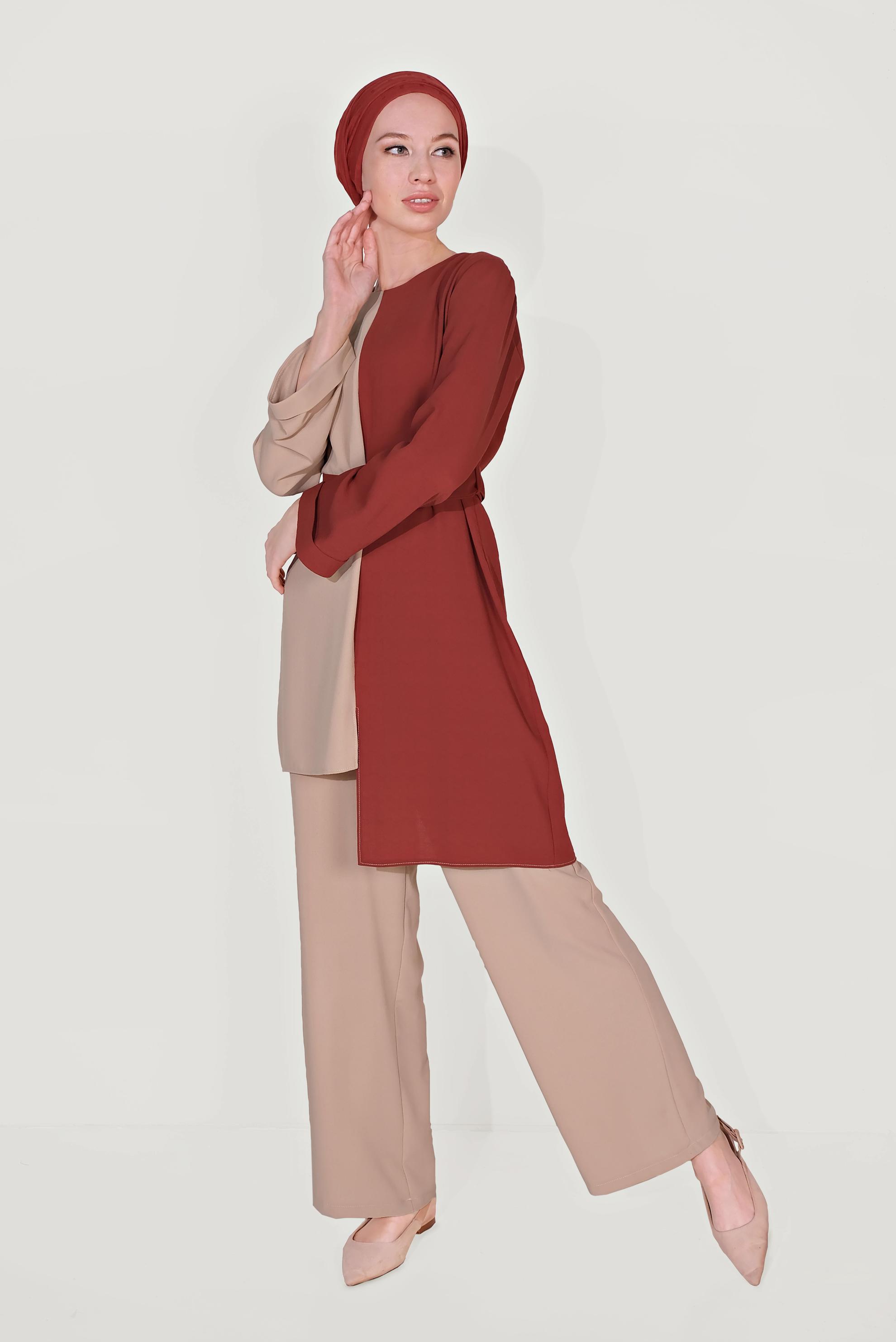 Tesettür giyim BEJ ASİMETRİK KESİM PANTOLONLU TAKIM 40670