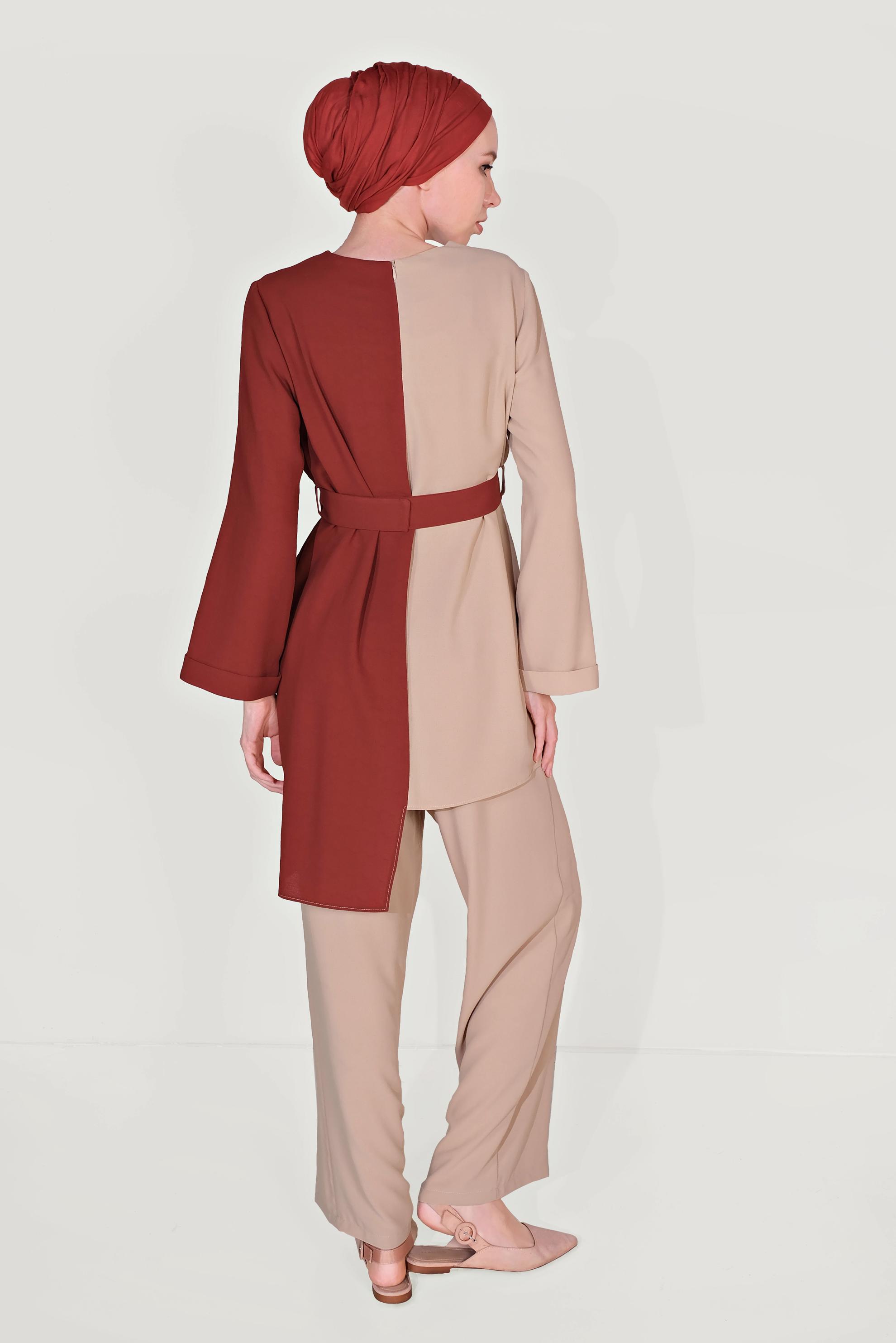 Tesettür giyim BEJ ASİMETRİK KESİM PANTOLONLU TAKIM 40670