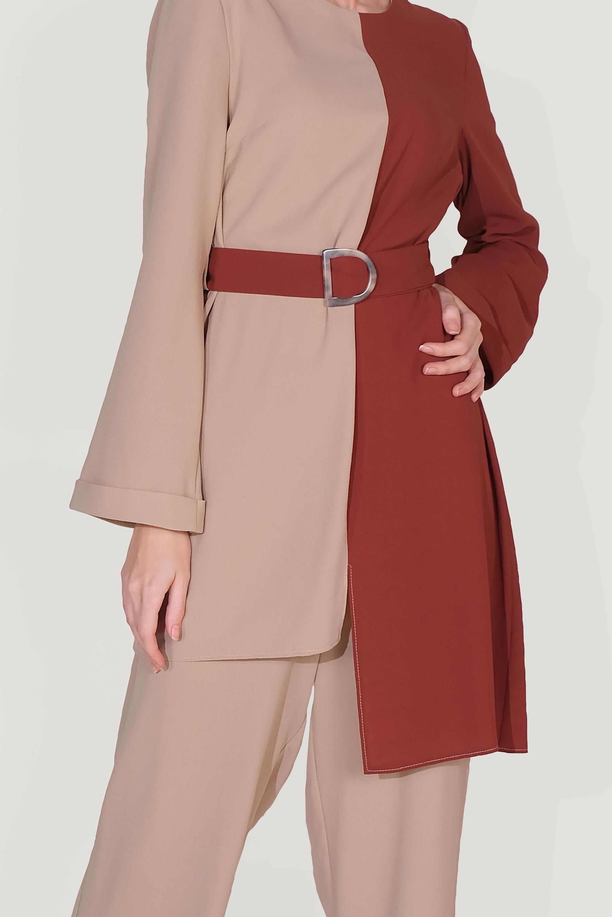 Tesettür giyim BEJ ASİMETRİK KESİM PANTOLONLU TAKIM 40670