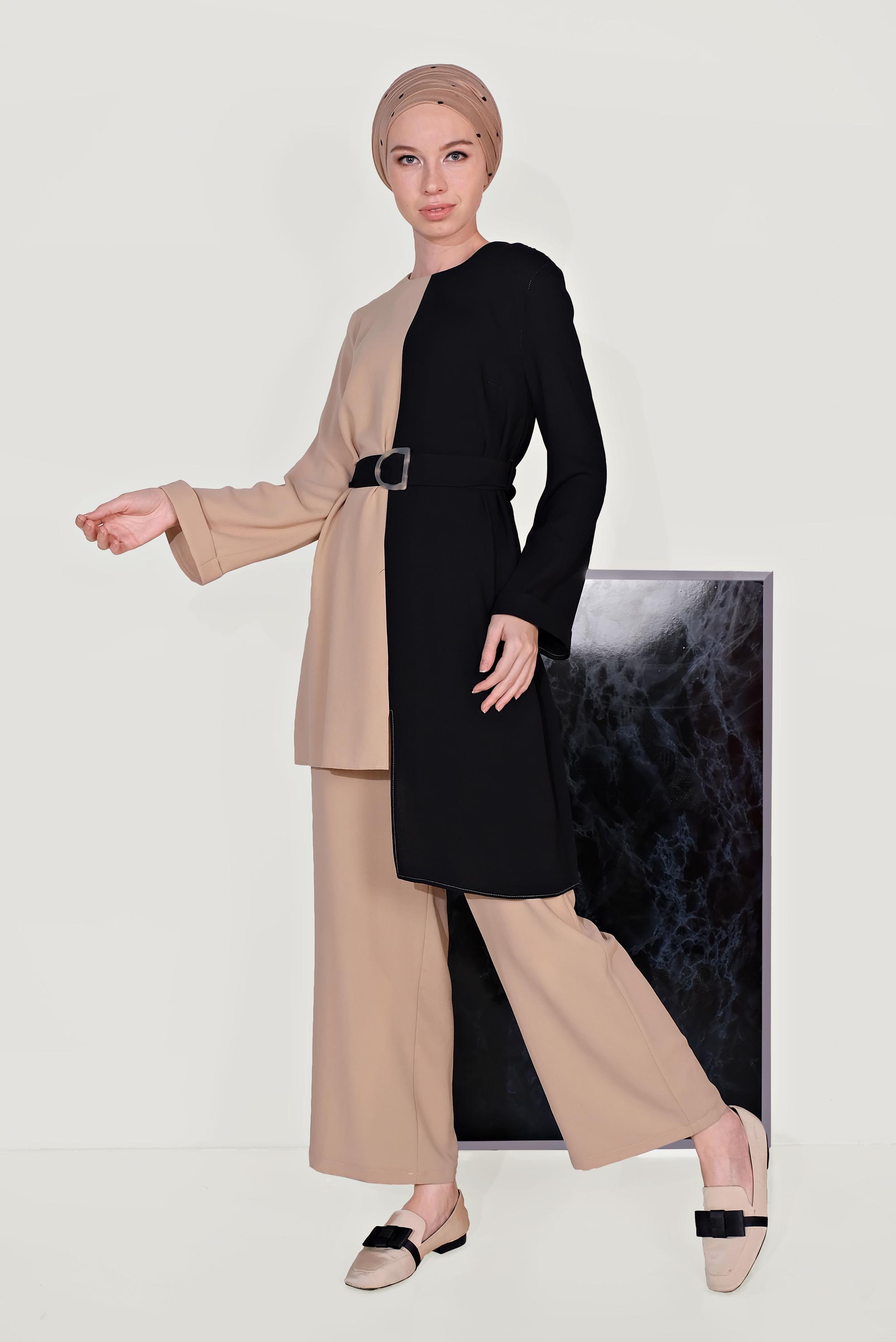 Tesettür giyim BEJ ASİMETRİK KESİM PANTOLONLU TAKIM 40670