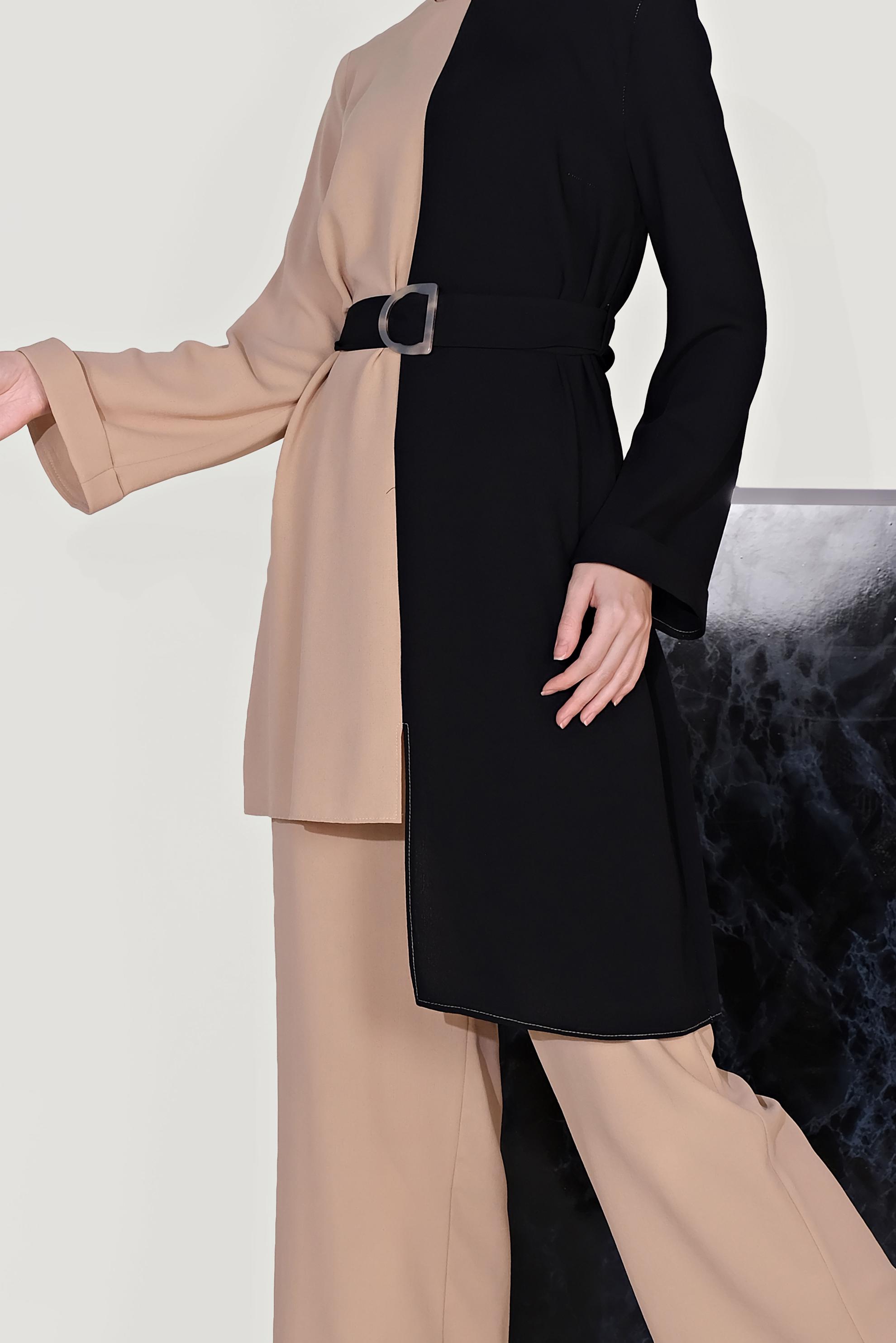 Tesettür giyim BEJ ASİMETRİK KESİM PANTOLONLU TAKIM 40670