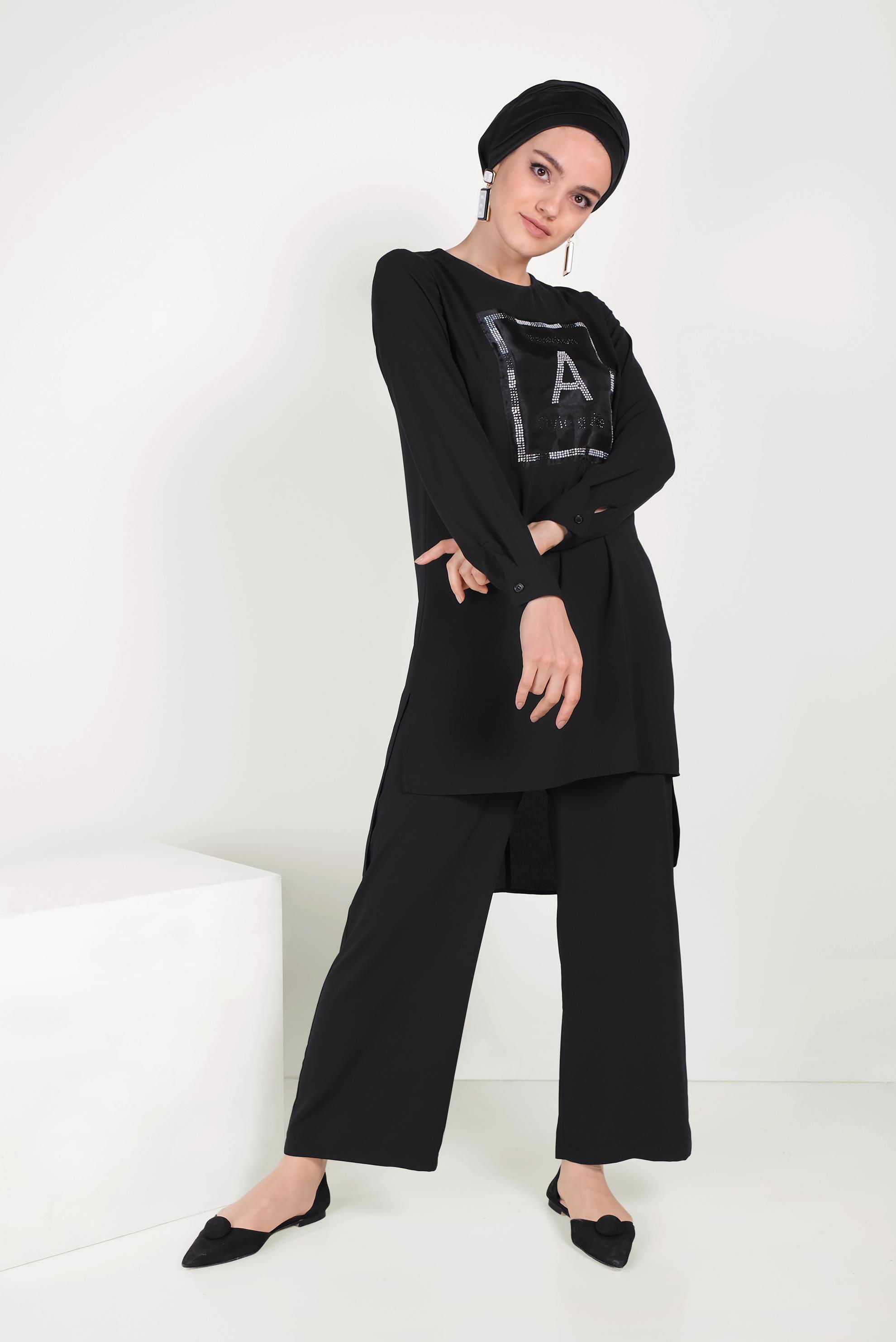 Tesettür giyim SİYAH TAŞ BASKILI İKİLİ PANTOLONLU TAKIM 40672