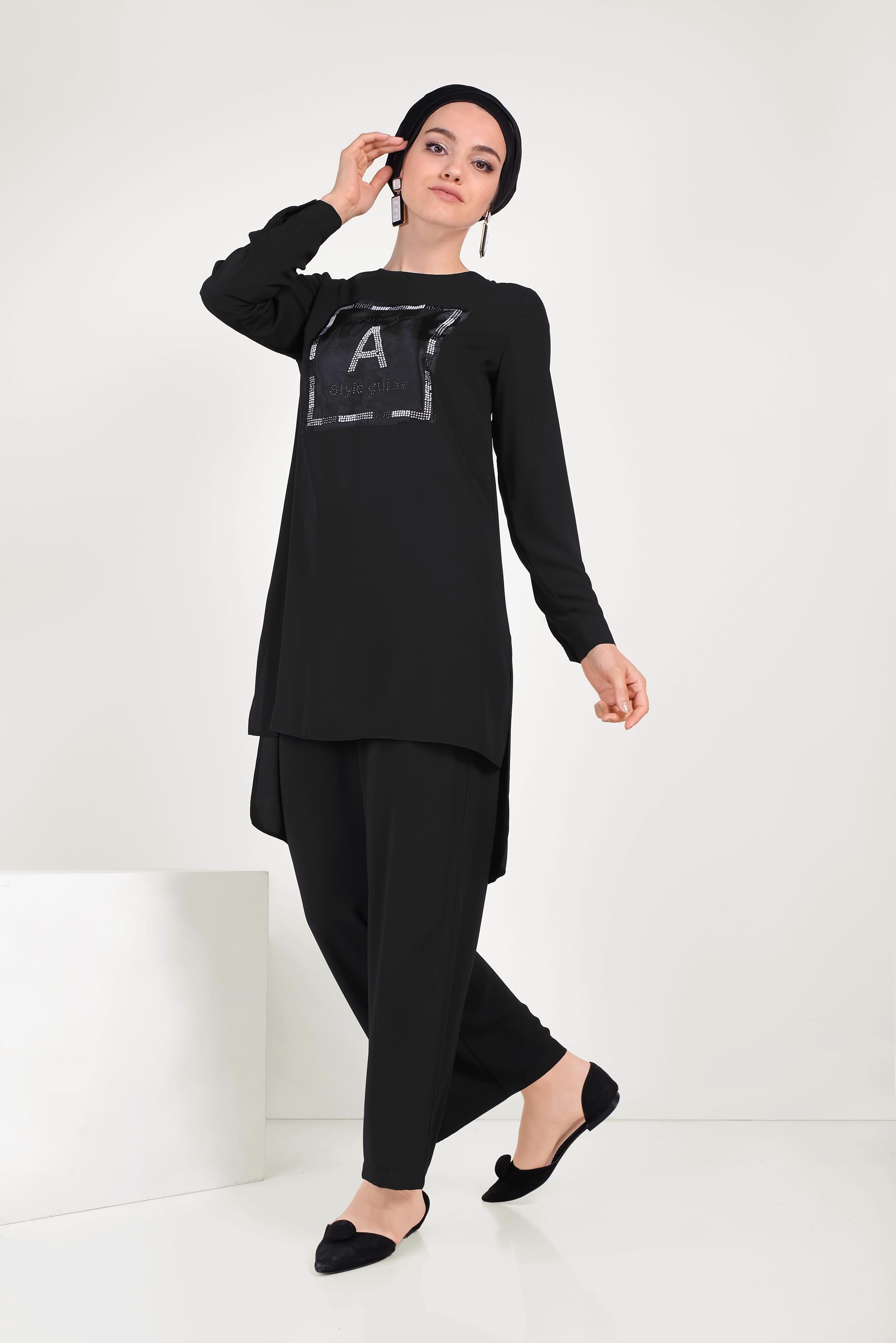 Tesettür giyim SİYAH TAŞ BASKILI İKİLİ PANTOLONLU TAKIM 40672