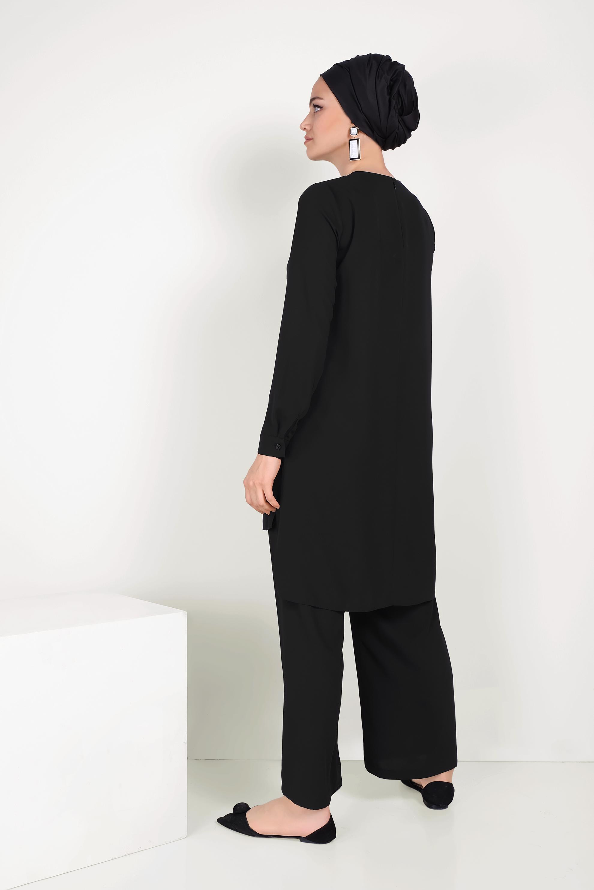 Tesettür giyim SİYAH TAŞ BASKILI İKİLİ PANTOLONLU TAKIM 40672