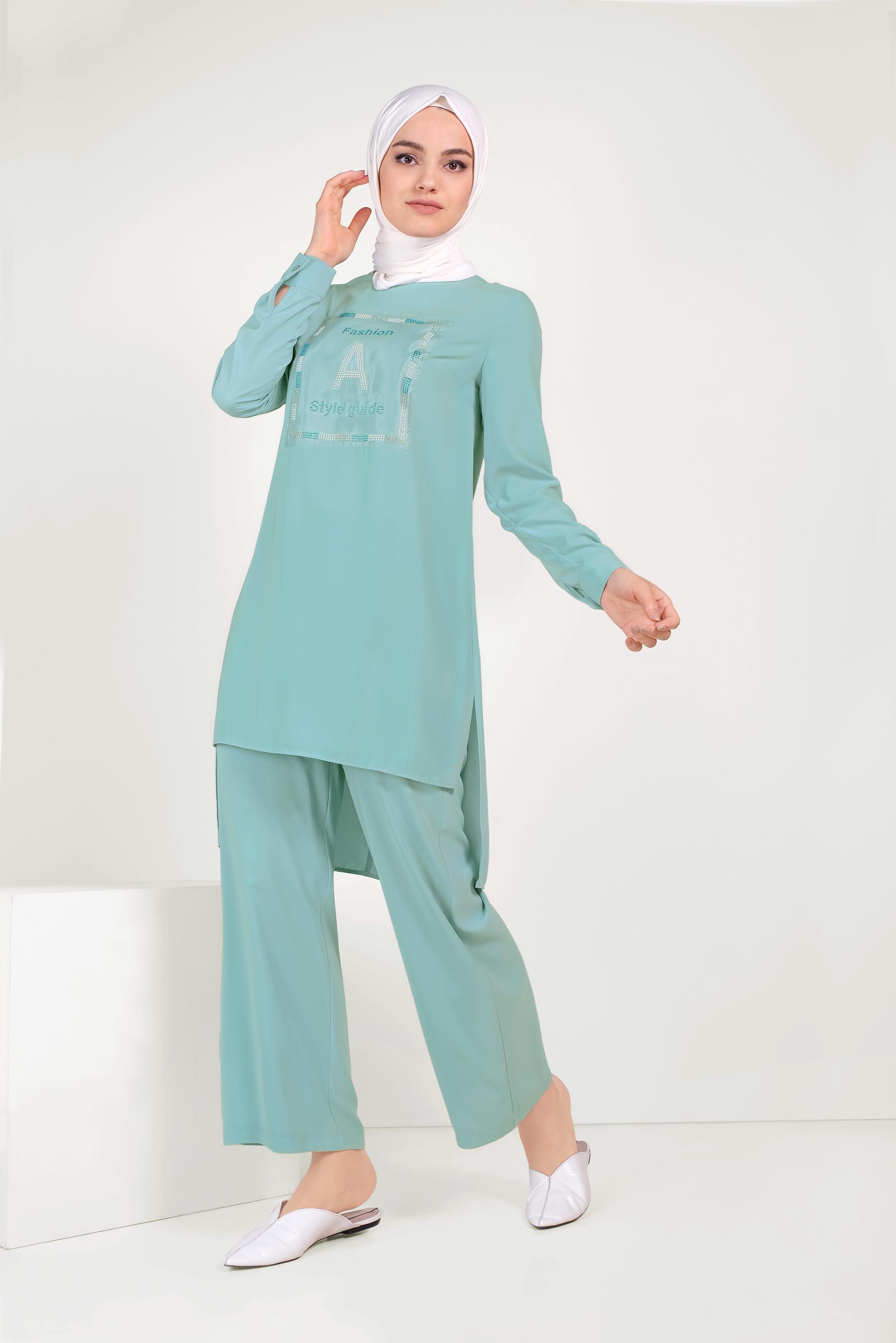 Tesettür giyim YEŞİL TAŞ BASKILI İKİLİ PANTOLONLU TAKIM 40672