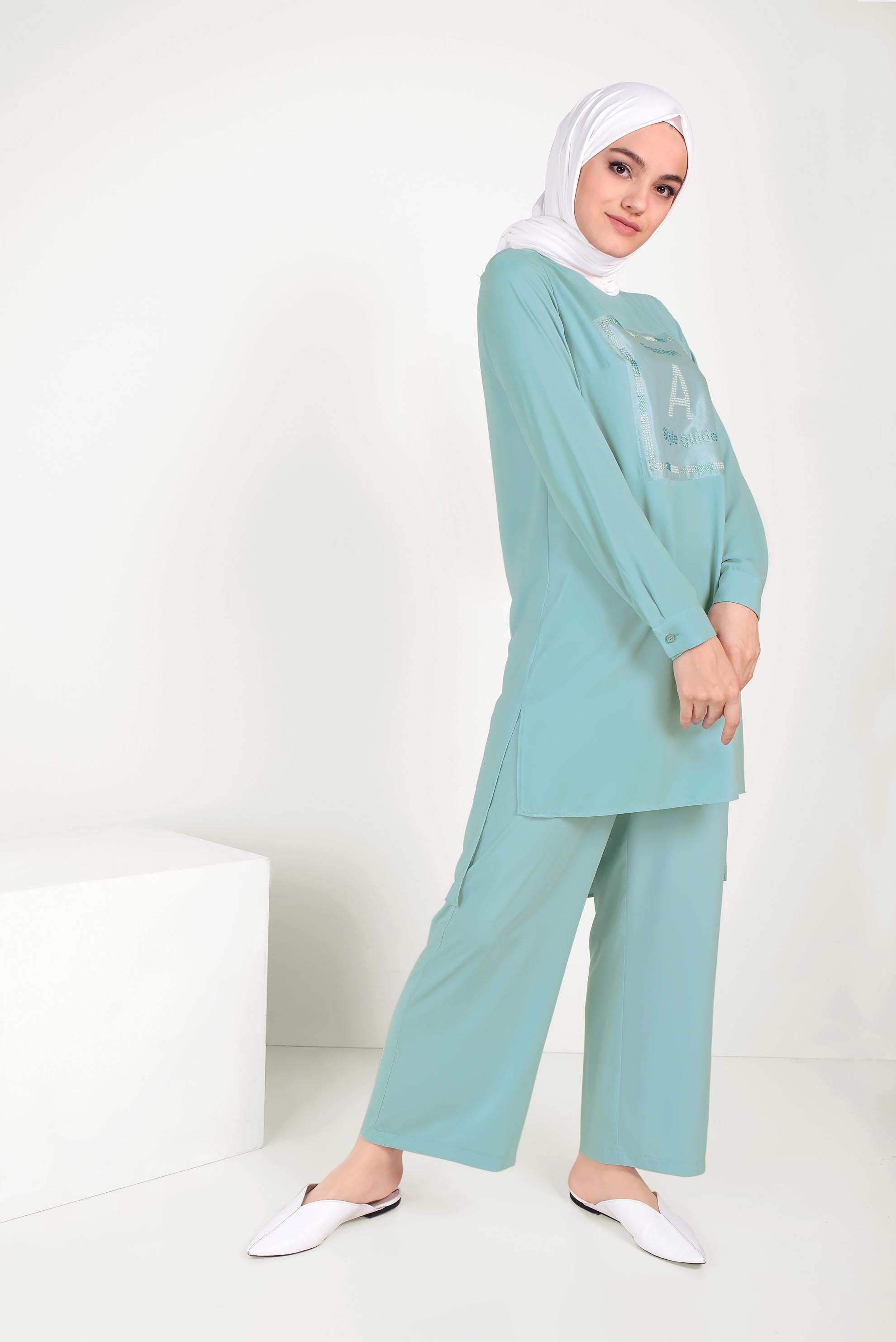 Tesettür giyim YEŞİL TAŞ BASKILI İKİLİ PANTOLONLU TAKIM 40672