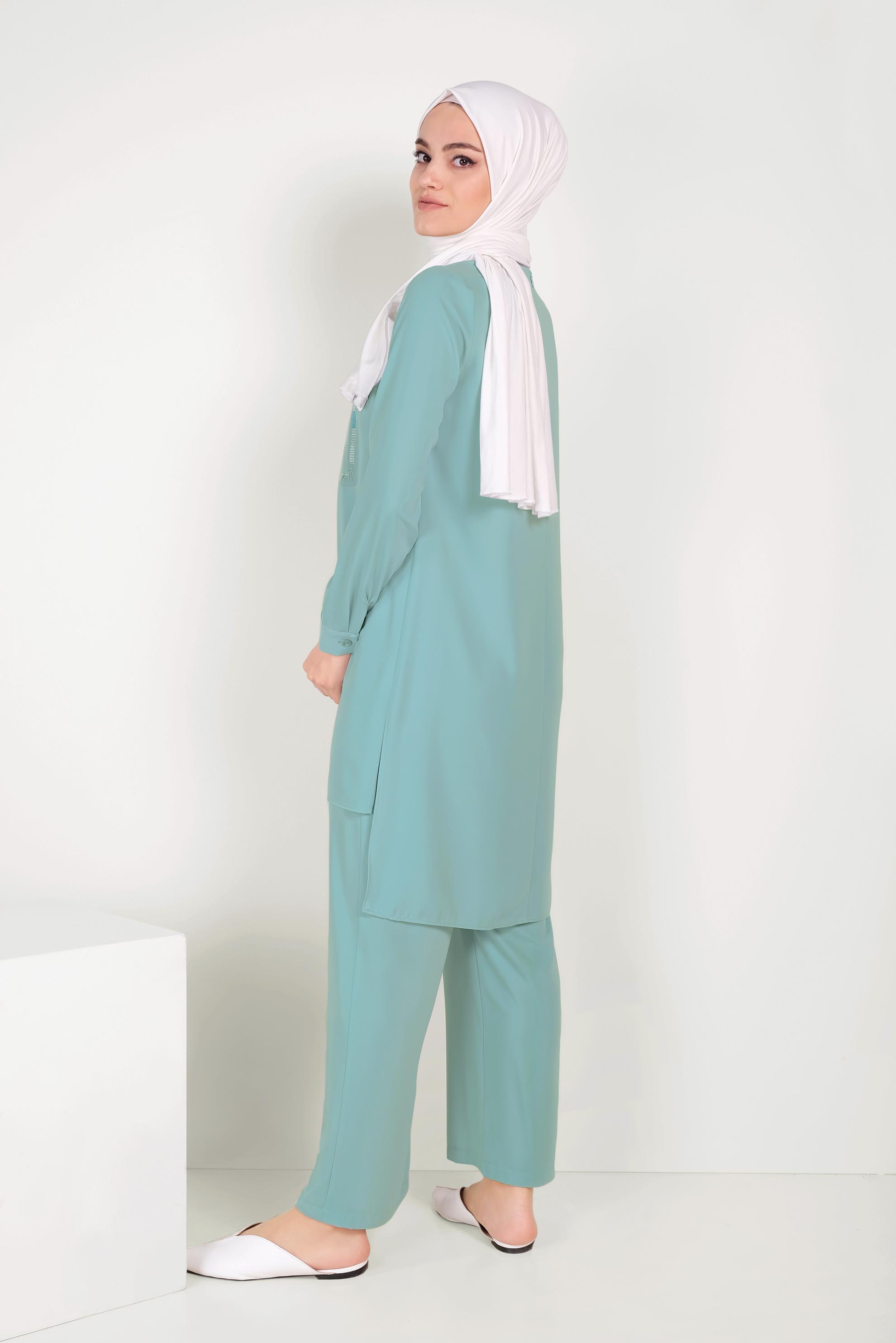 Tesettür giyim YEŞİL TAŞ BASKILI İKİLİ PANTOLONLU TAKIM 40672