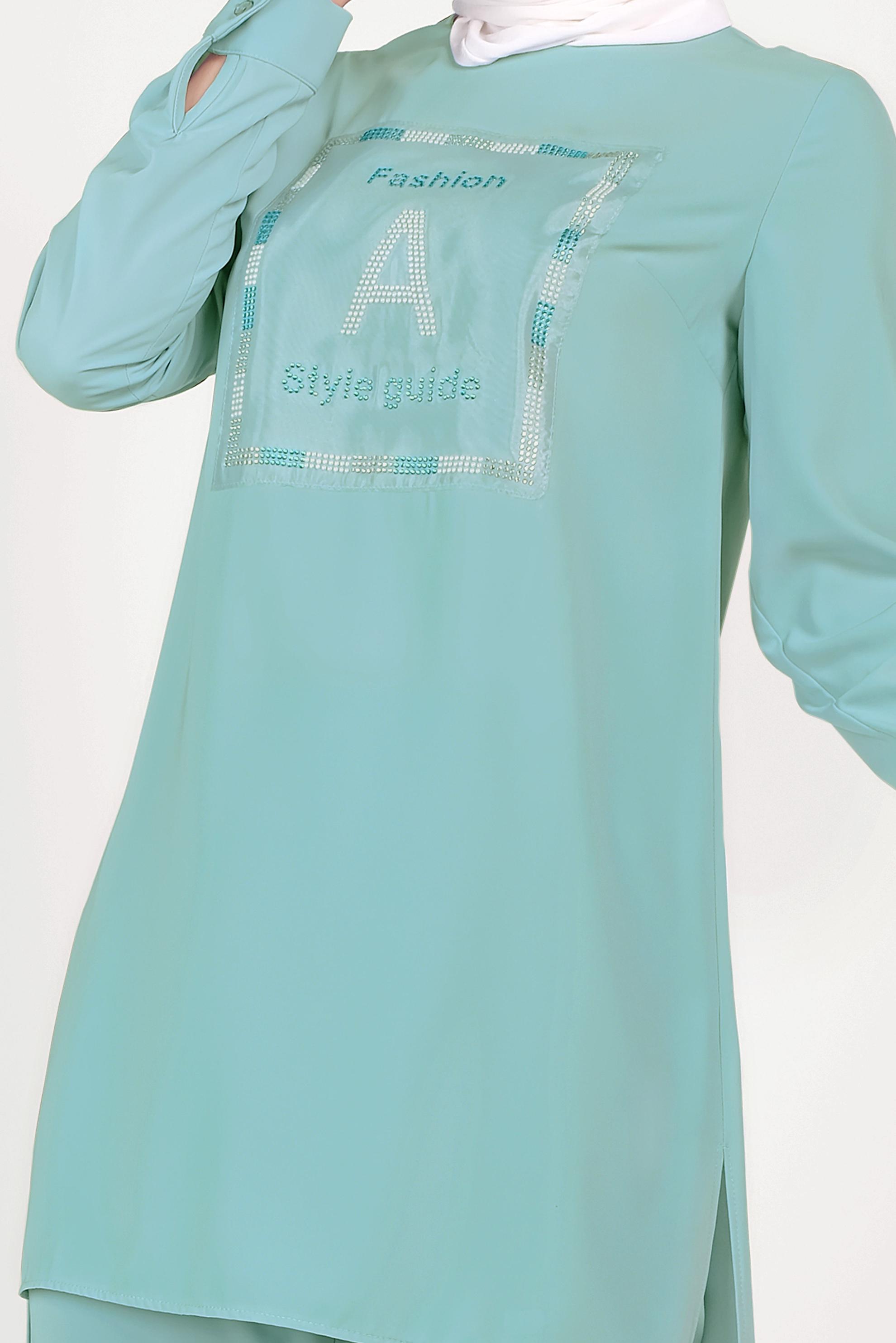 Tesettür giyim YEŞİL TAŞ BASKILI İKİLİ PANTOLONLU TAKIM 40672