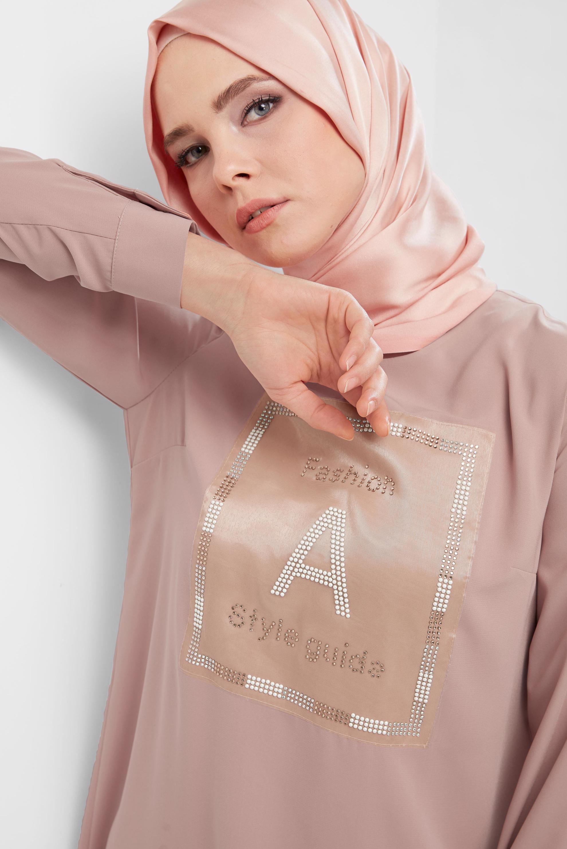 Tesettür giyim PUDRA TAŞ BASKILI İKİLİ PANTOLONLU TAKIM 40672