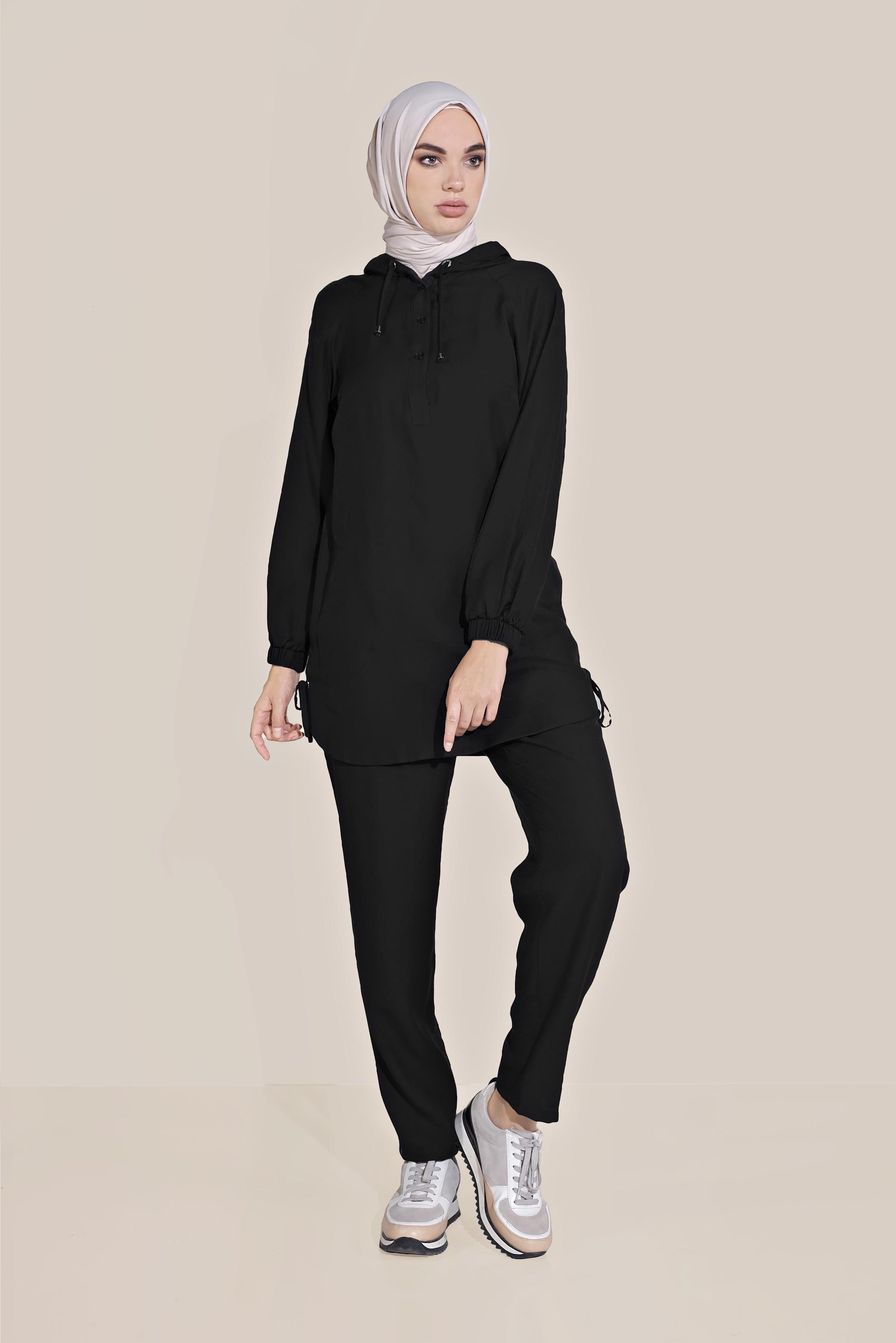Tesettür giyim SİYAH BAĞCIKLI KAPÜŞONLU PANTOLON TAKIM 40694