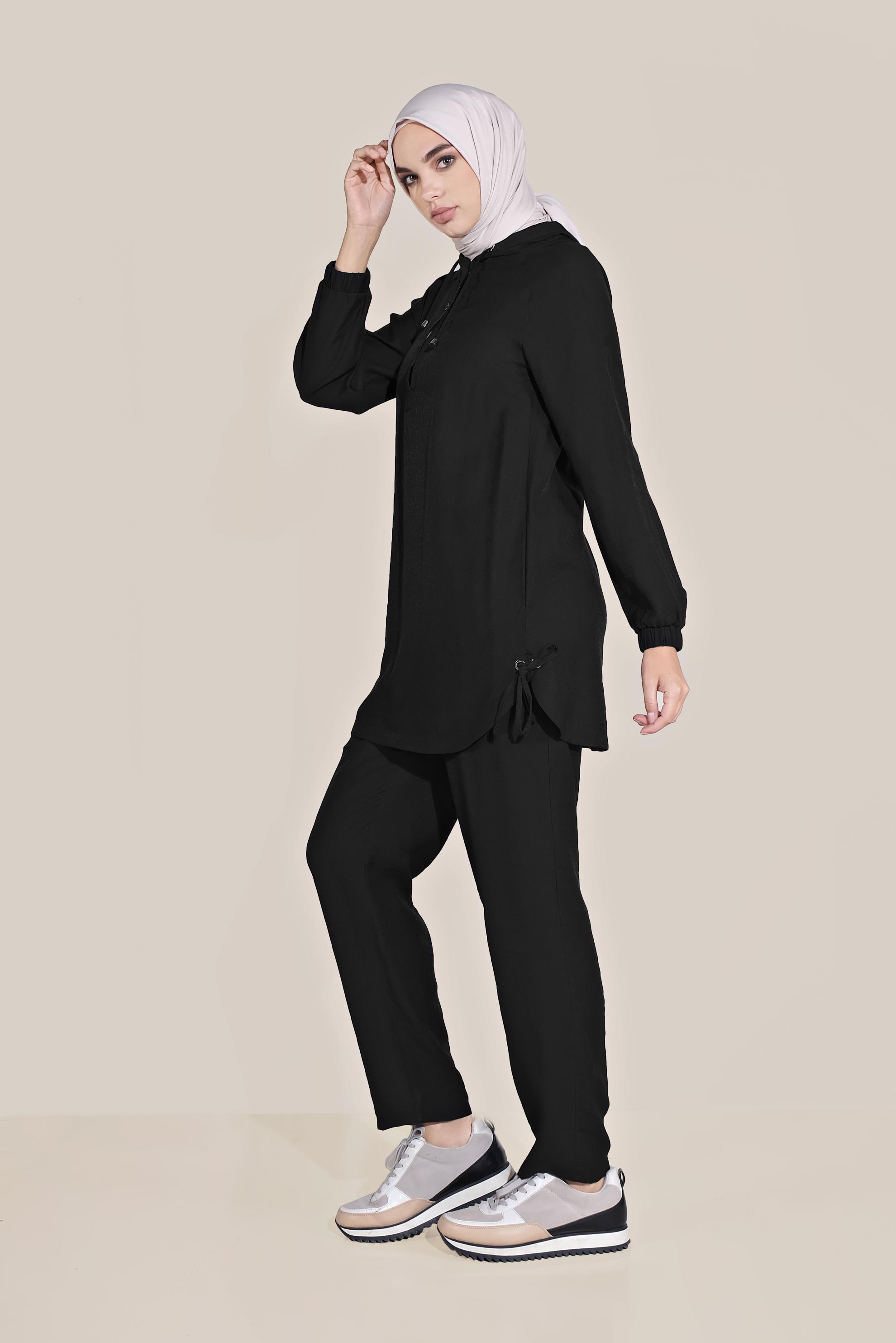 Tesettür giyim SİYAH BAĞCIKLI KAPÜŞONLU PANTOLON TAKIM 40694