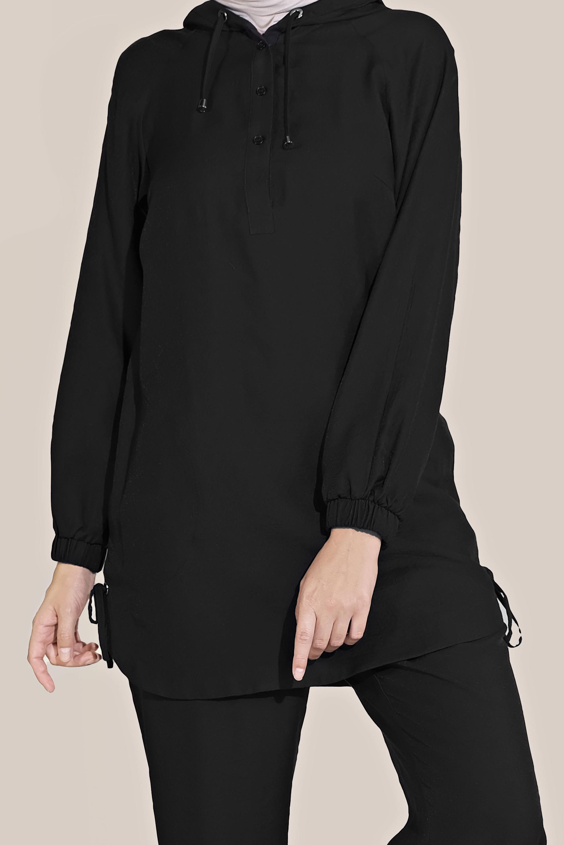 Tesettür giyim SİYAH BAĞCIKLI KAPÜŞONLU PANTOLON TAKIM 40694