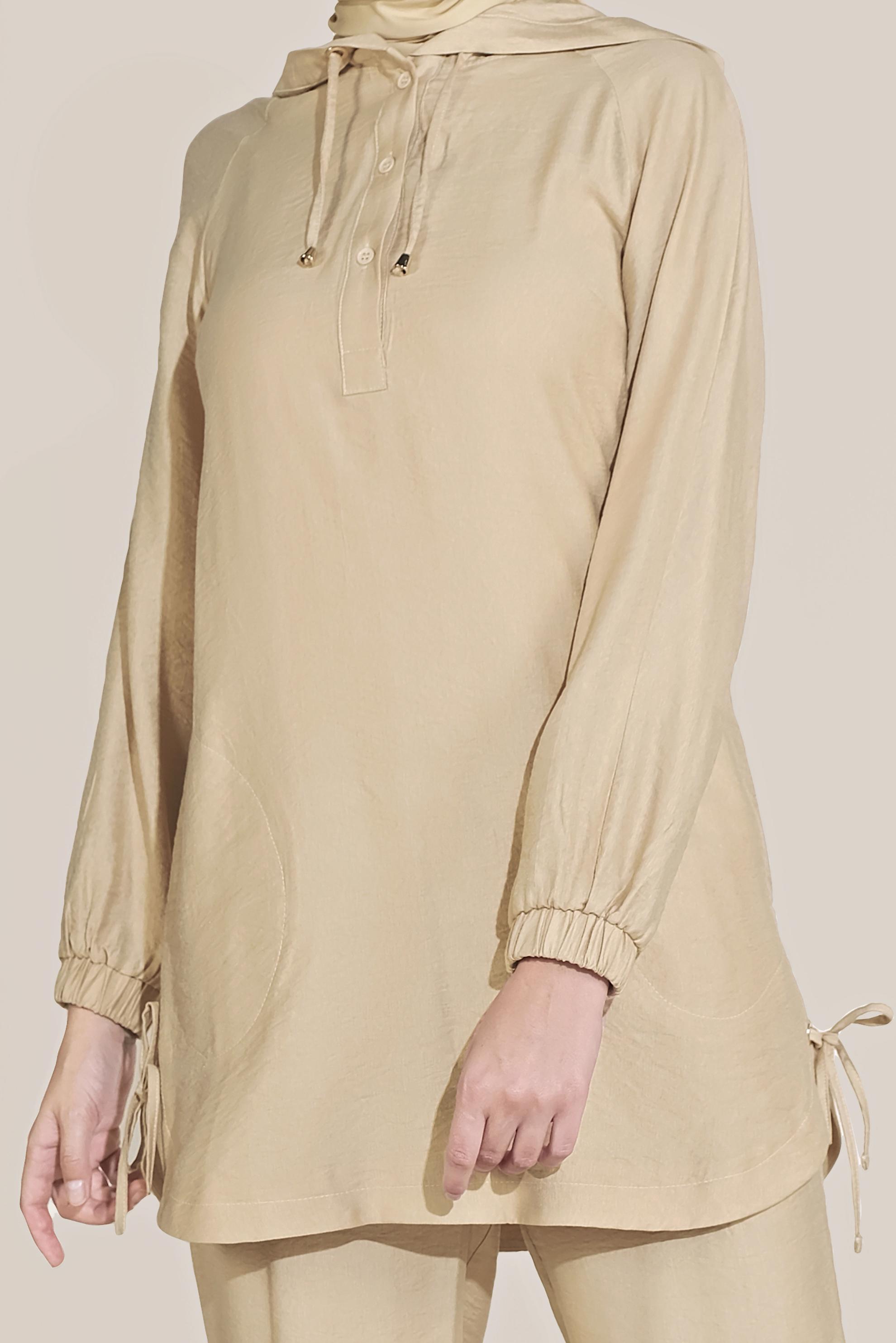 Tesettür giyim BEJ BAĞCIKLI KAPÜŞONLU PANTOLON TAKIM 40694