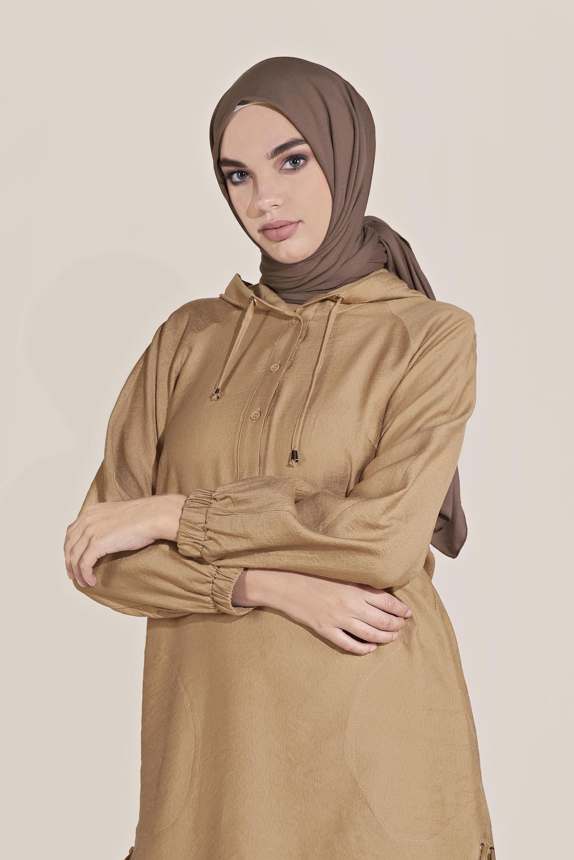 Tesettür giyim KAHVE BAĞCIKLI KAPÜŞONLU PANTOLON TAKIM 40694