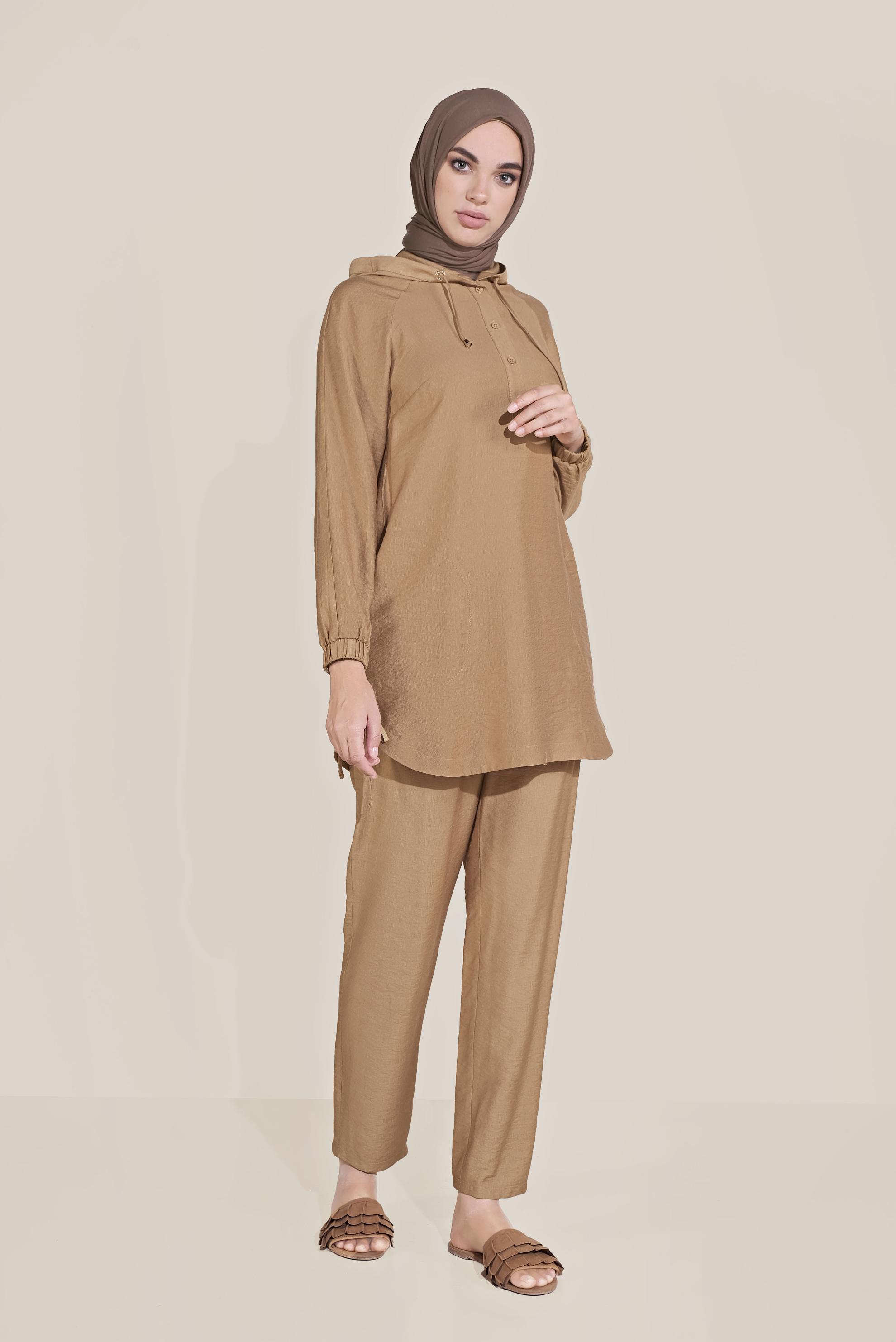 Tesettür giyim KAHVE BAĞCIKLI KAPÜŞONLU PANTOLON TAKIM 40694