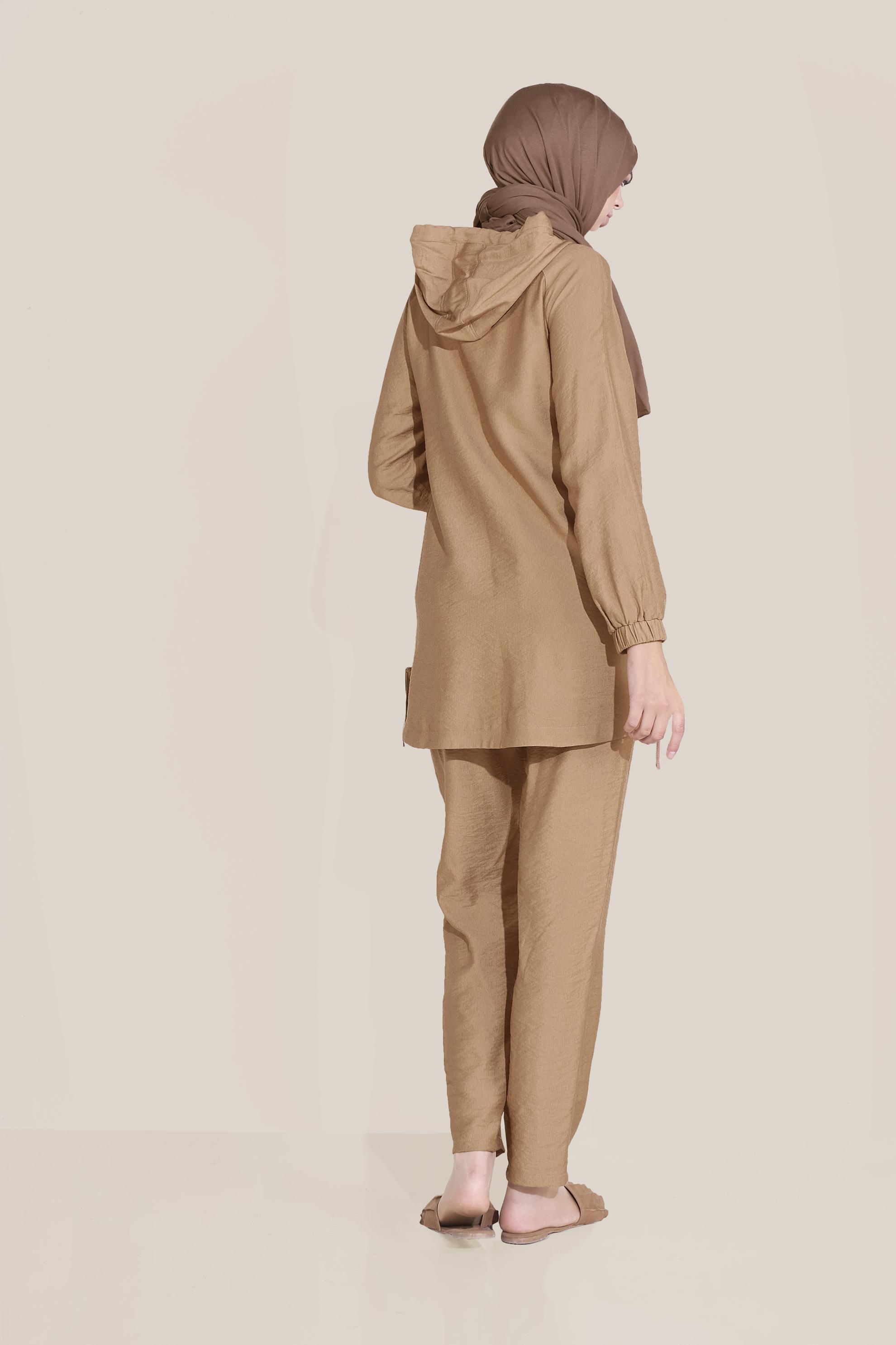Tesettür giyim KAHVE BAĞCIKLI KAPÜŞONLU PANTOLON TAKIM 40694