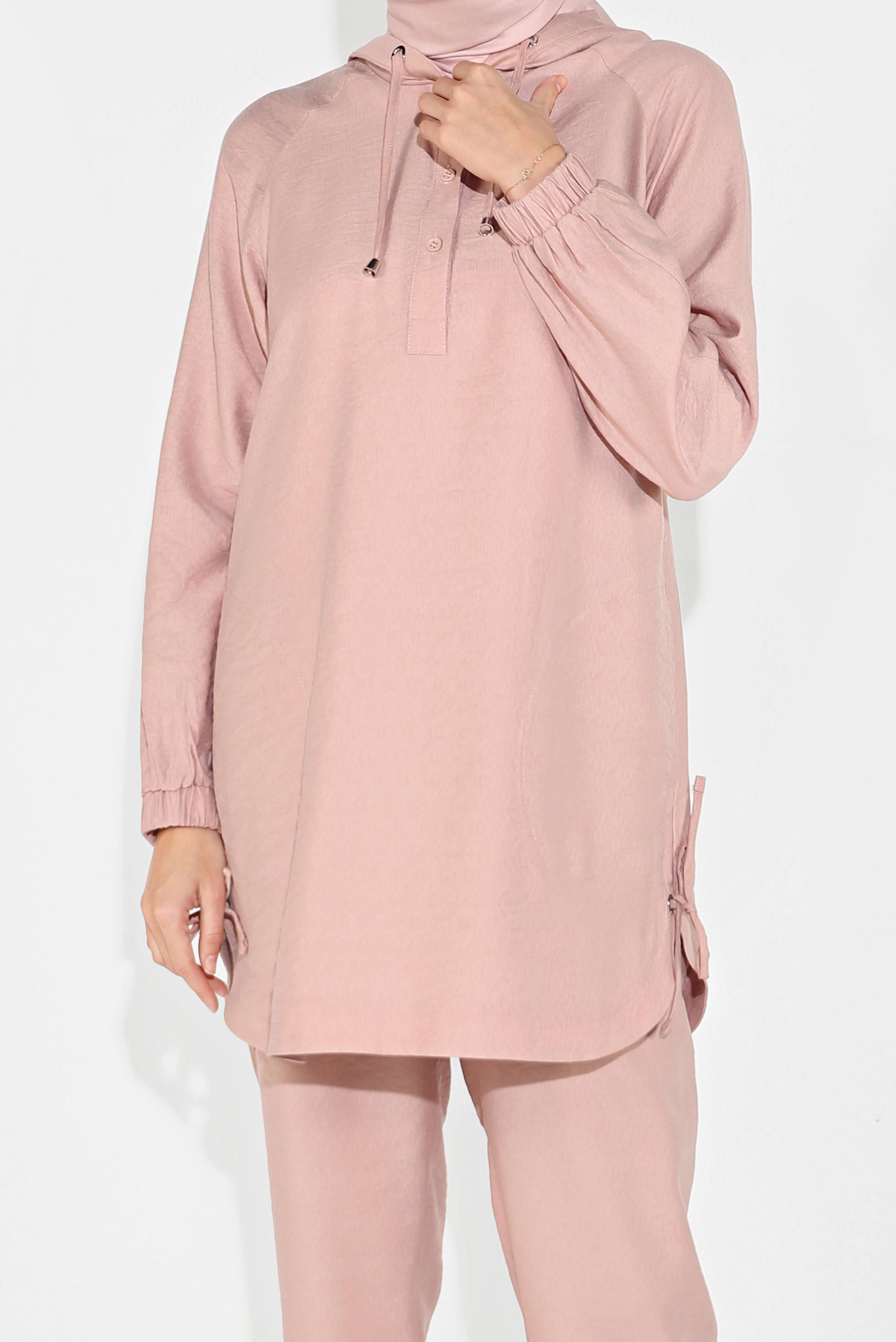 Tesettür giyim PUDRA BAĞCIKLI KAPÜŞONLU PANTOLON TAKIM 40694