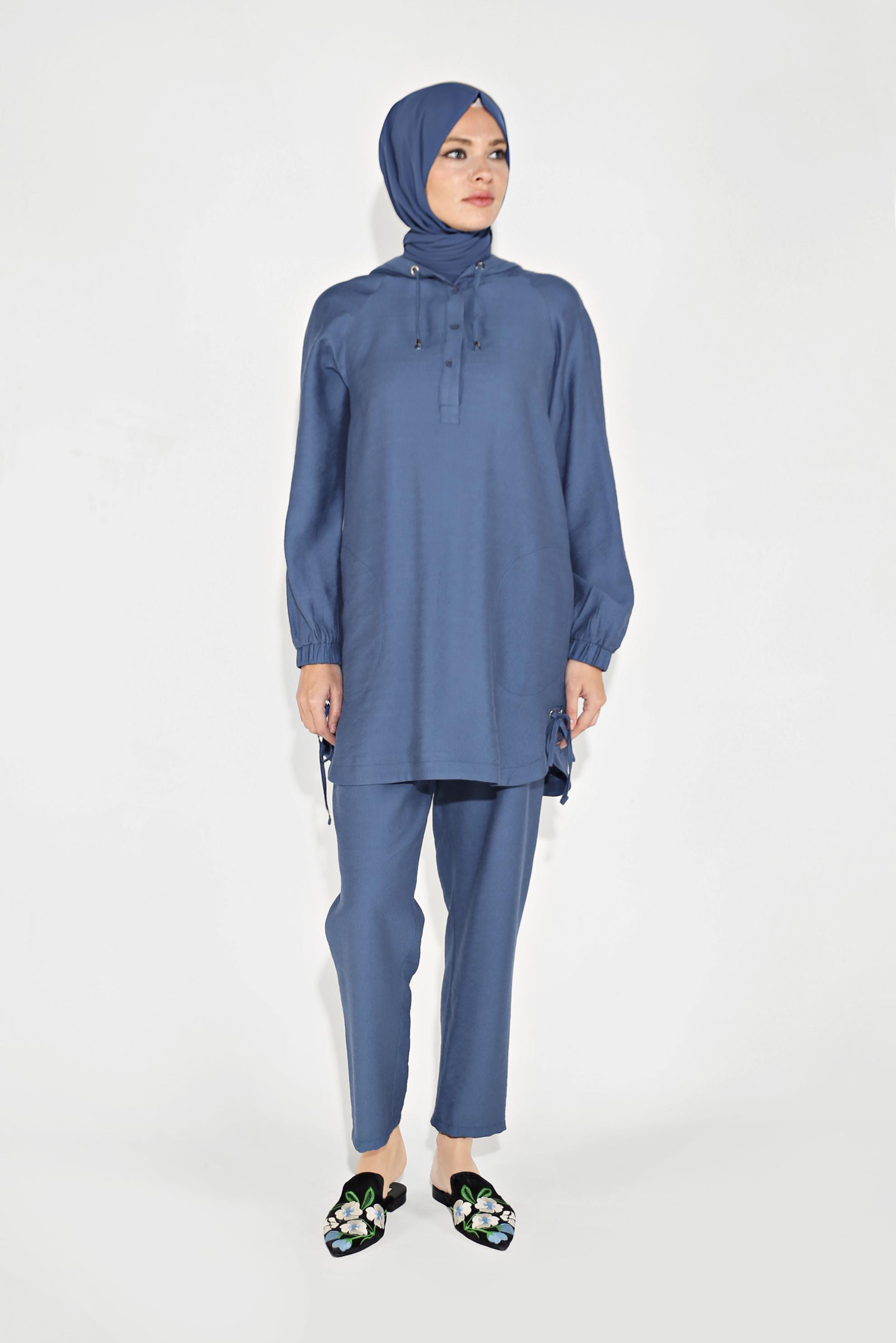 Tesettür giyim LACİVERT BAĞCIKLI KAPÜŞONLU PANTOLON TAKIM 40694