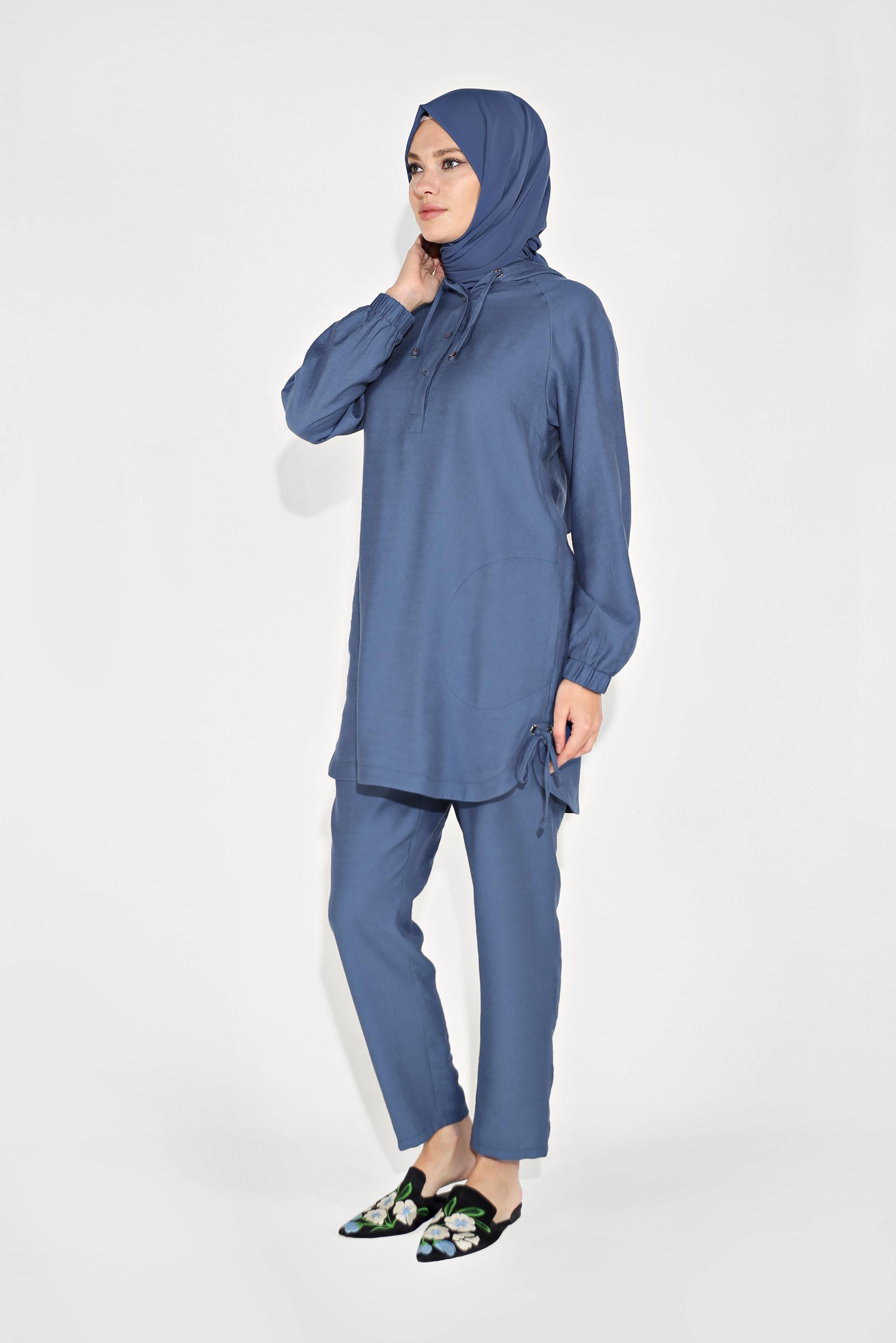 Tesettür giyim LACİVERT BAĞCIKLI KAPÜŞONLU PANTOLON TAKIM 40694