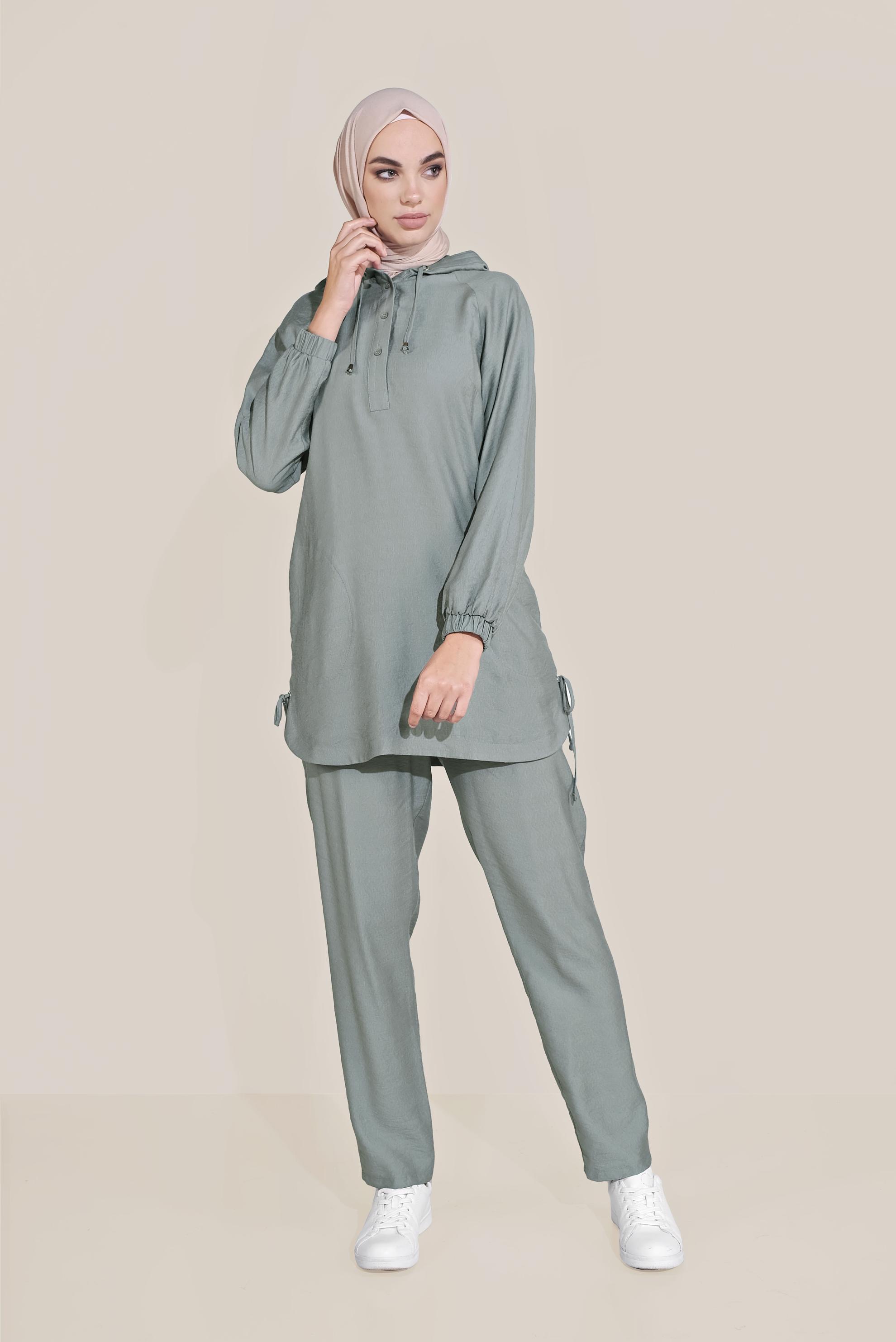 Tesettür giyim MAVİ BAĞCIKLI KAPÜŞONLU PANTOLON TAKIM 40694