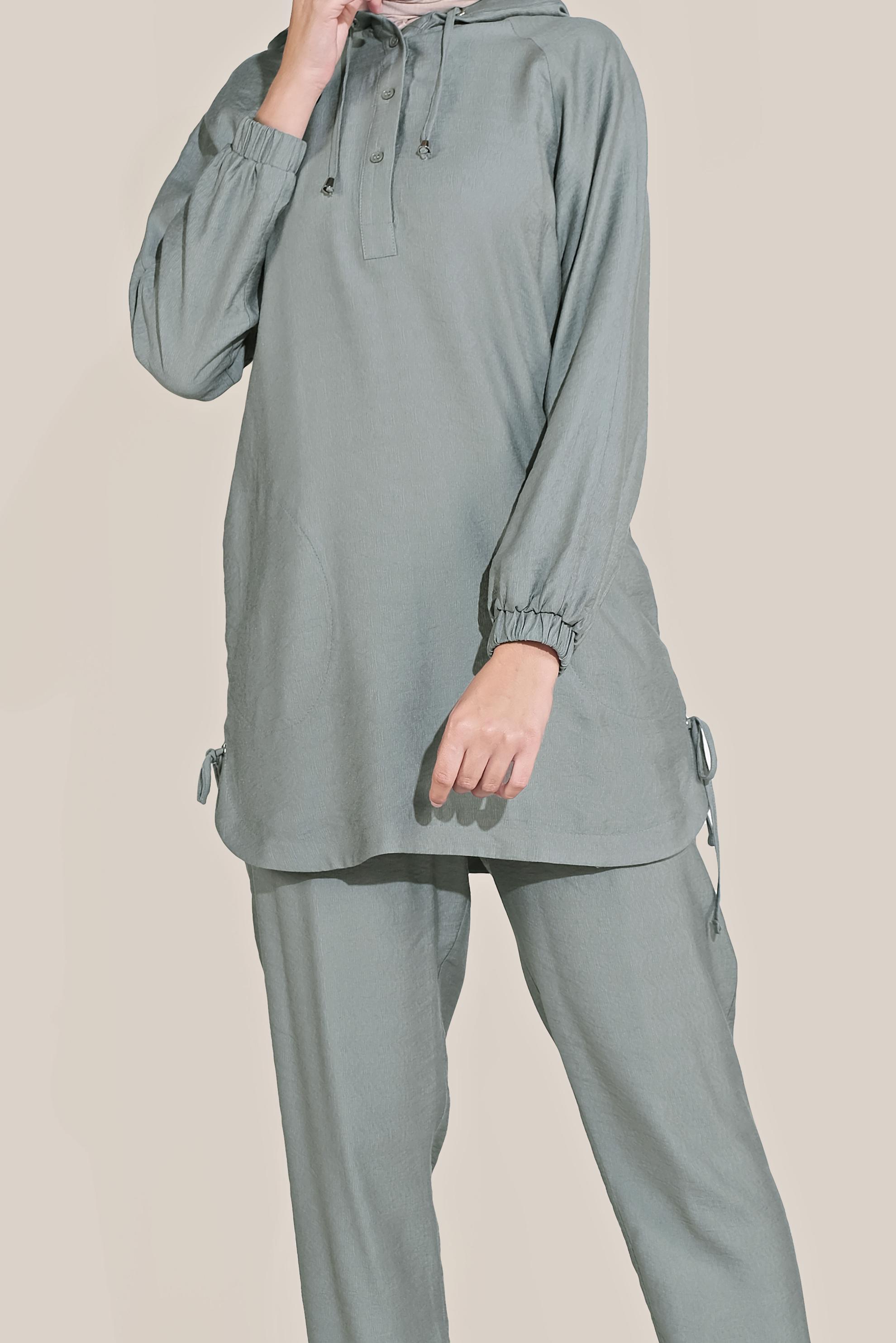 Tesettür giyim MAVİ BAĞCIKLI KAPÜŞONLU PANTOLON TAKIM 40694