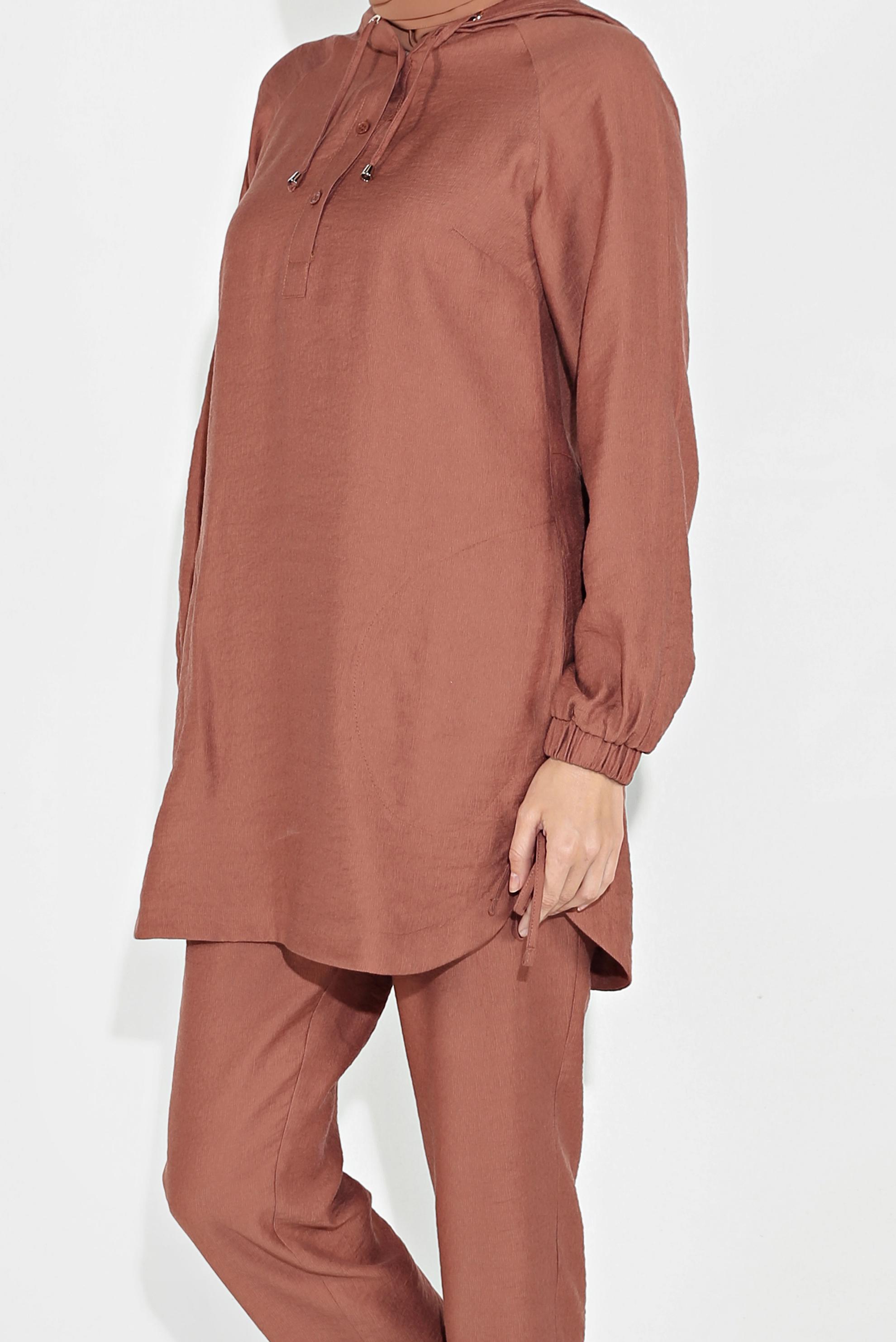 Tesettür giyim KAHVE BAĞCIKLI KAPÜŞONLU PANTOLON TAKIM 40694